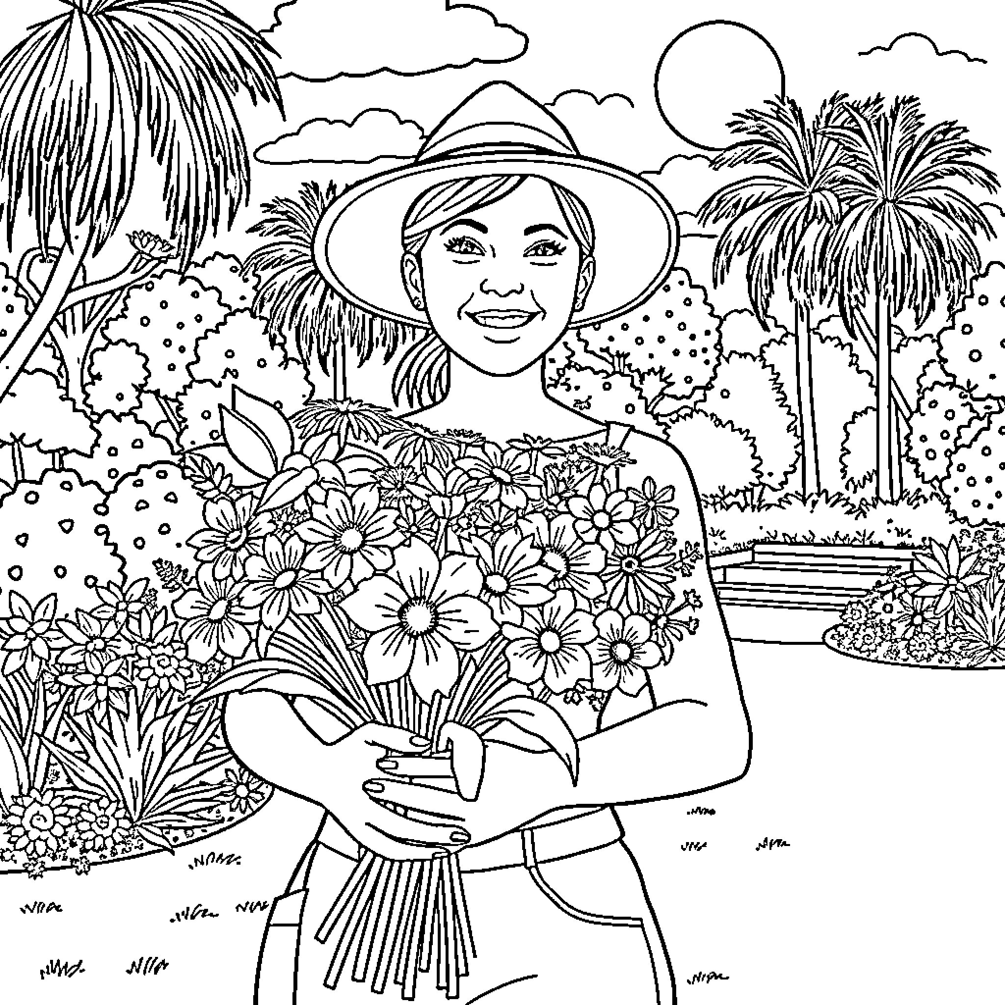 Aussie woman enjoys nature in tropical garden Coloring Page (free black-and-white line drawing printable PDF for all, from beginners to advanced learners, including children, teens, adults, and seniors)