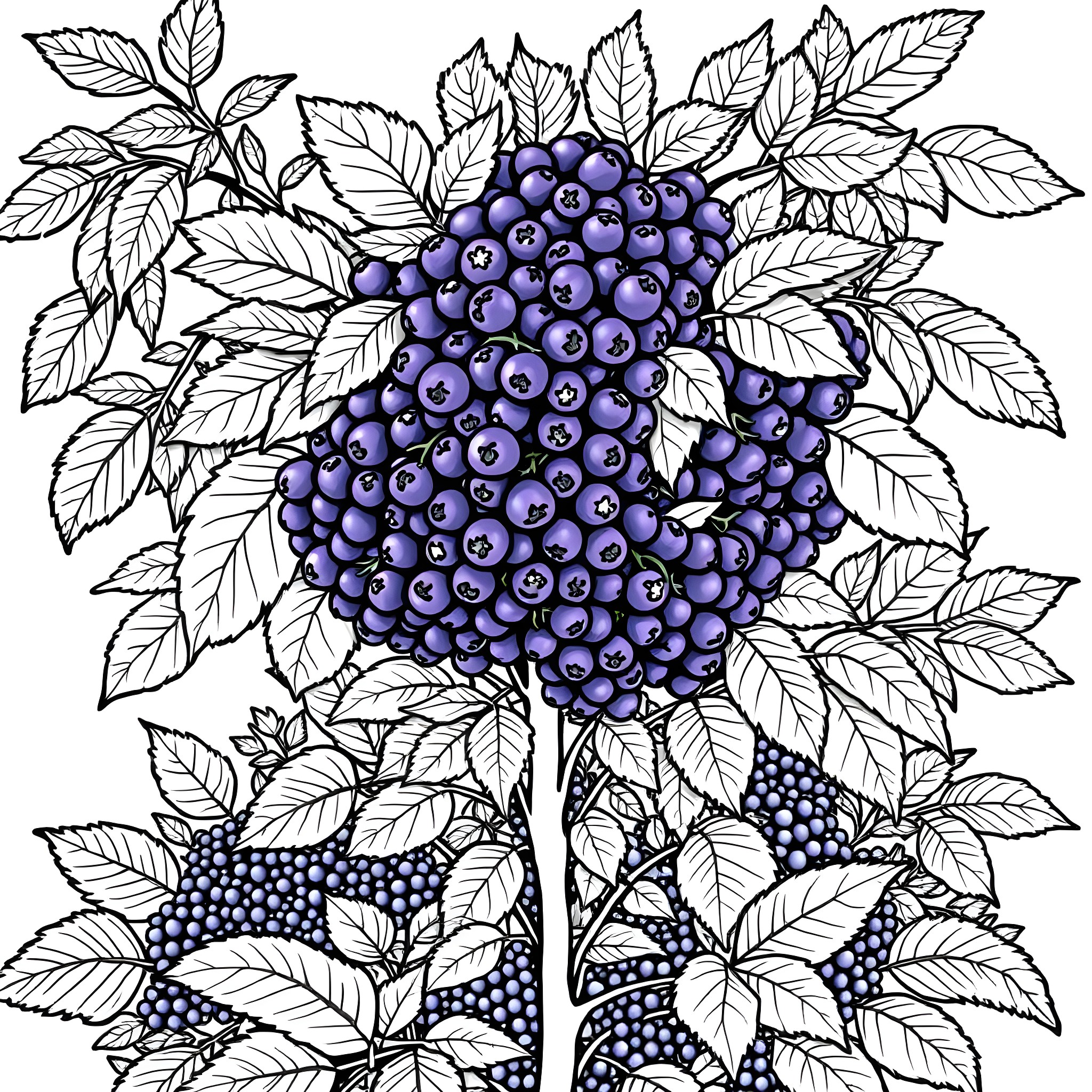 Elderberry bush with ripe, dark berries Coloring Page (free black-and-white line drawing printable PDF for all, from beginners to advanced learners, including children, teens, adults, and seniors)