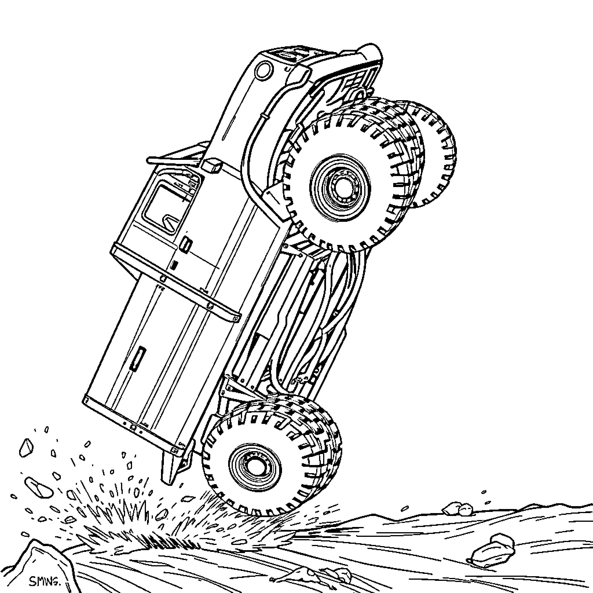 Truck towing heavy equipment on rugged terrain Coloring Page (free black-and-white line drawing printable PDF for all, from beginners to advanced learners, including children, teens, adults, and seniors)