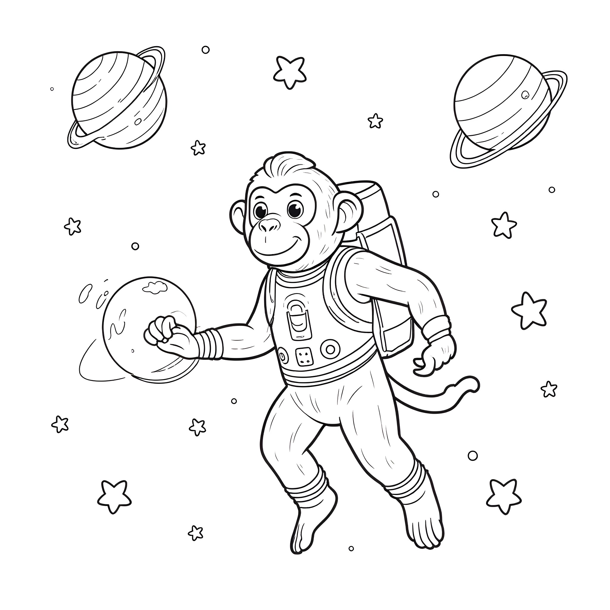 Chimpanzee astronaut exploring space with planets Coloring Page (free black-and-white line drawing printable PDF for all, from beginners to advanced learners, including children, teens, adults, and seniors)