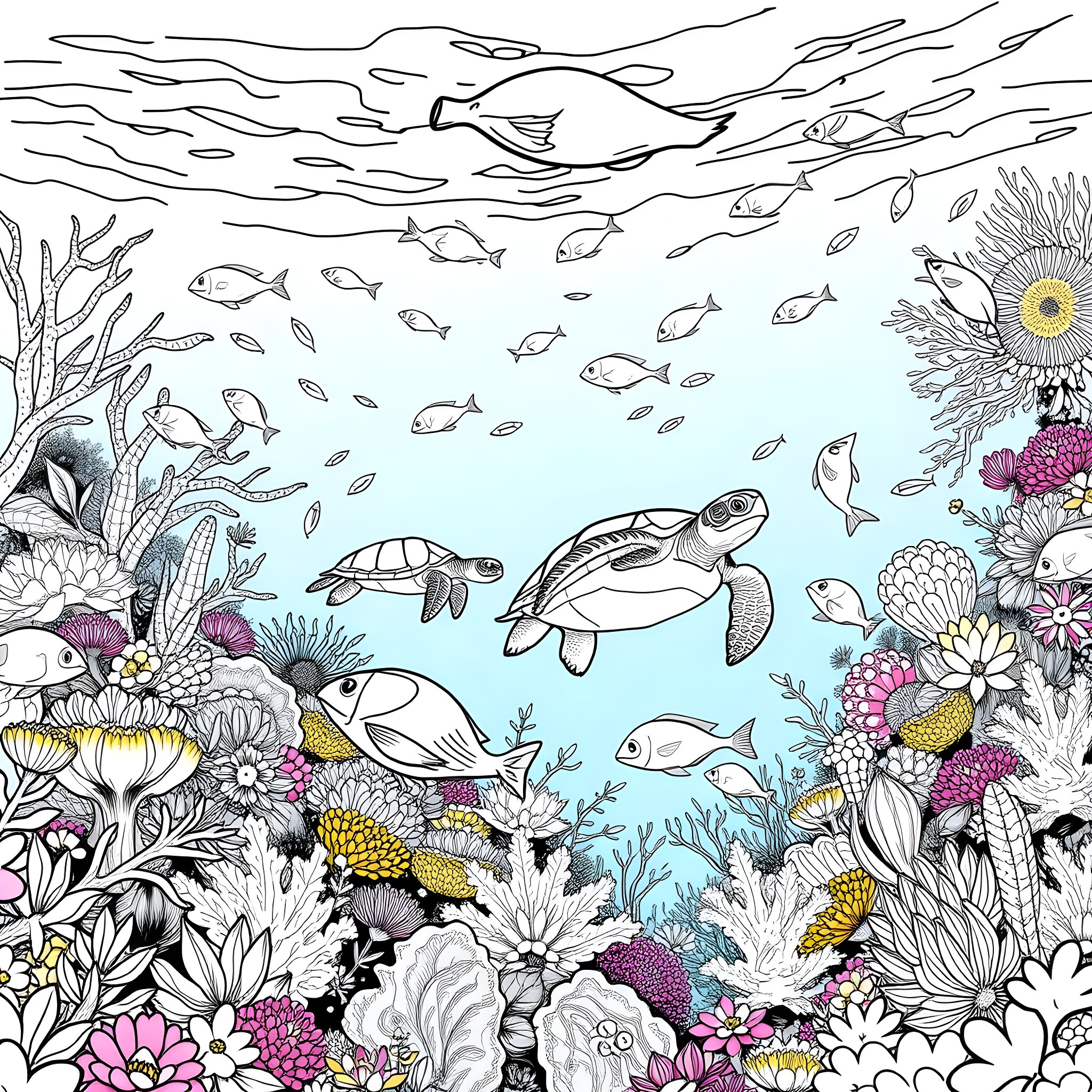 Turtle swimming in the vibrant underwater garden Coloring Page (free black-and-white line drawing printable PDF for all, from beginners to advanced learners, including children, teens, adults, and seniors)
