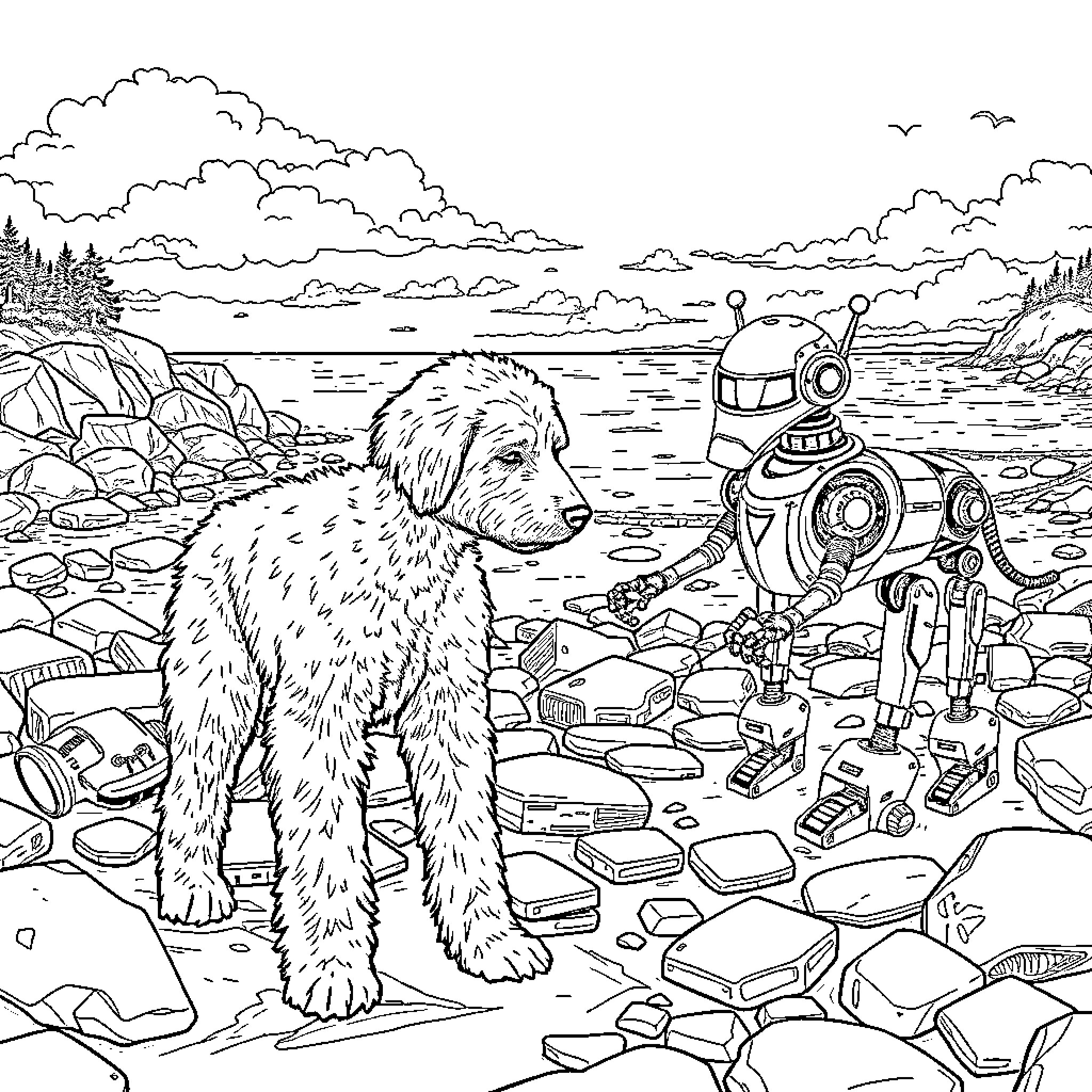 Labradoodle meets a friendly robot in the wilderness Coloring Page (free black-and-white line drawing printable PDF for all, from beginners to advanced learners, including children, teens, adults, and seniors)