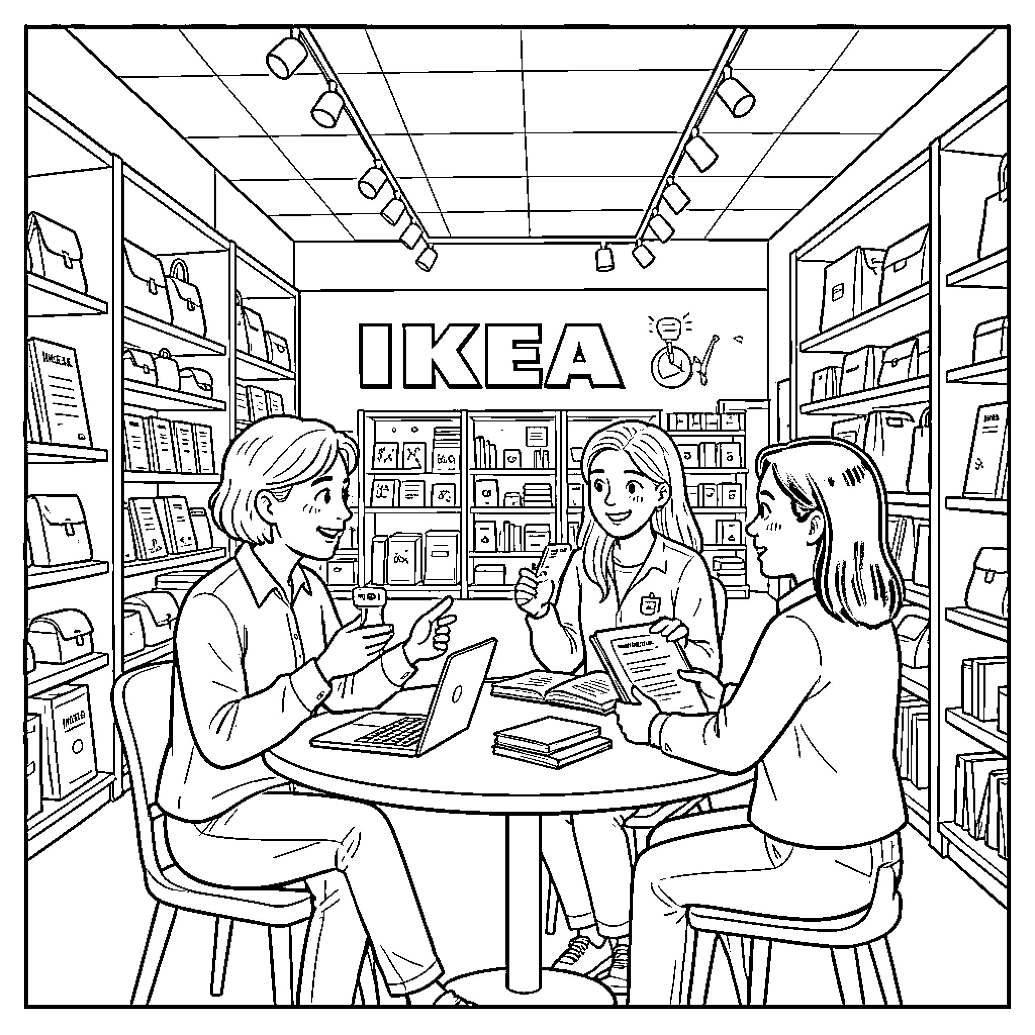 Fable of friends discussing ideas at a table Coloring Page (free black-and-white line drawing printable PDF for all, from beginners to advanced learners, including children, teens, adults, and seniors)