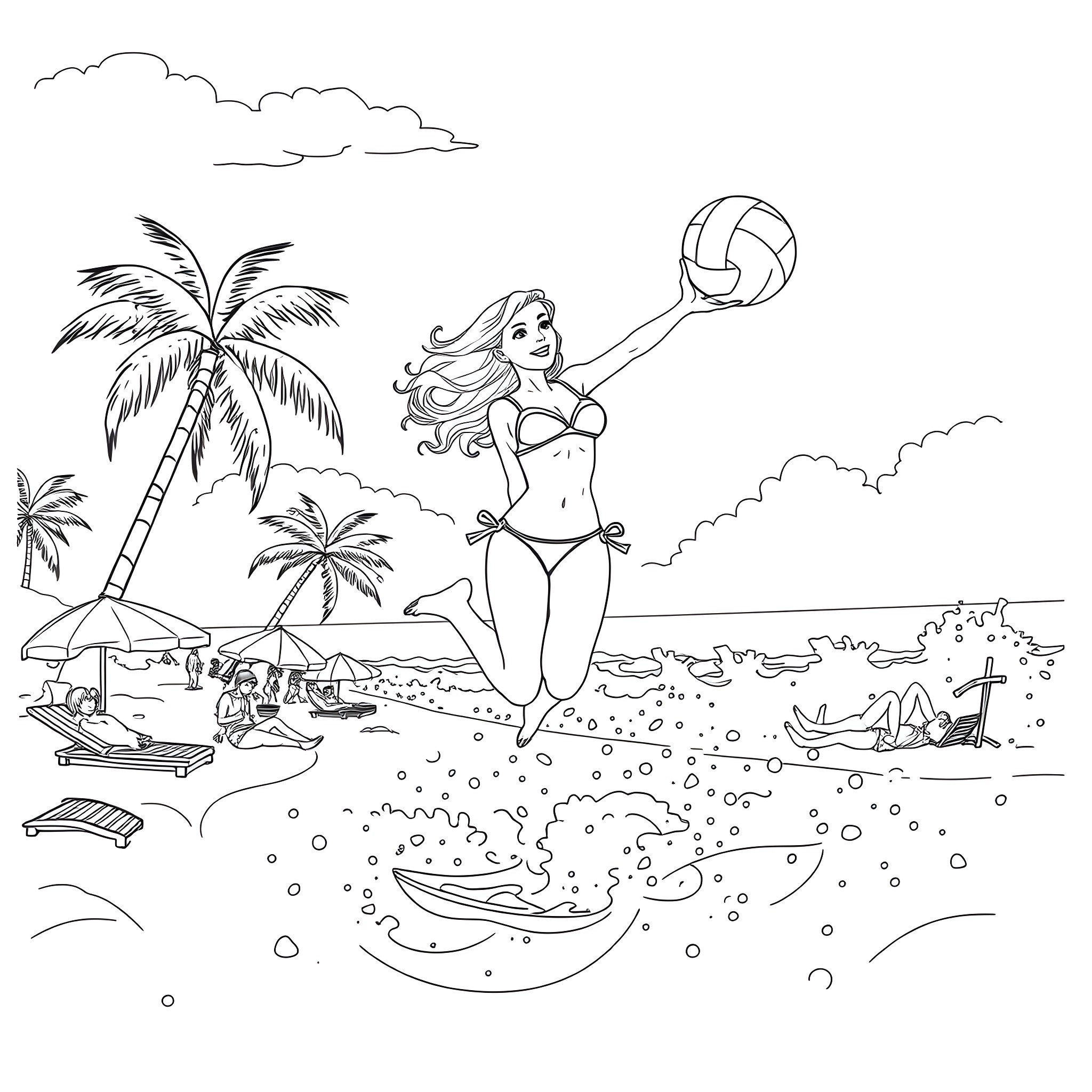 Girl playing volleyball on the beach Coloring Page (free black-and-white line drawing printable PDF for all, from beginners to advanced learners, including children, teens, adults, and seniors)