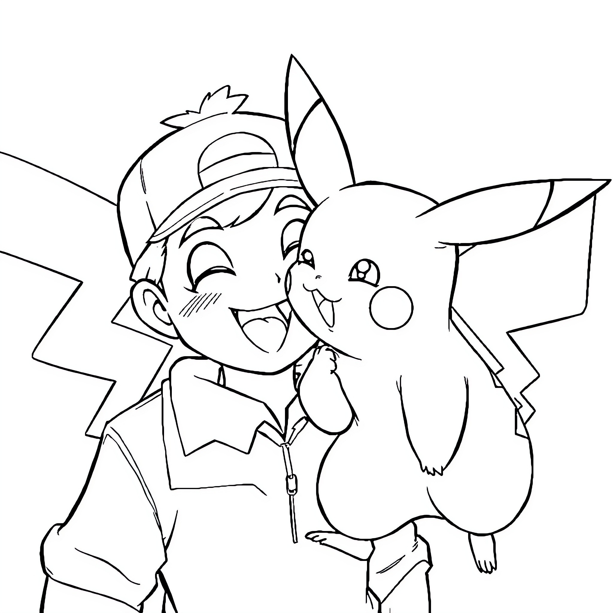 Pikachu enjoying time with young trainer Coloring Page (free black-and-white line drawing printable PDF for all, from beginners to advanced learners, including children, teens, adults, and seniors)