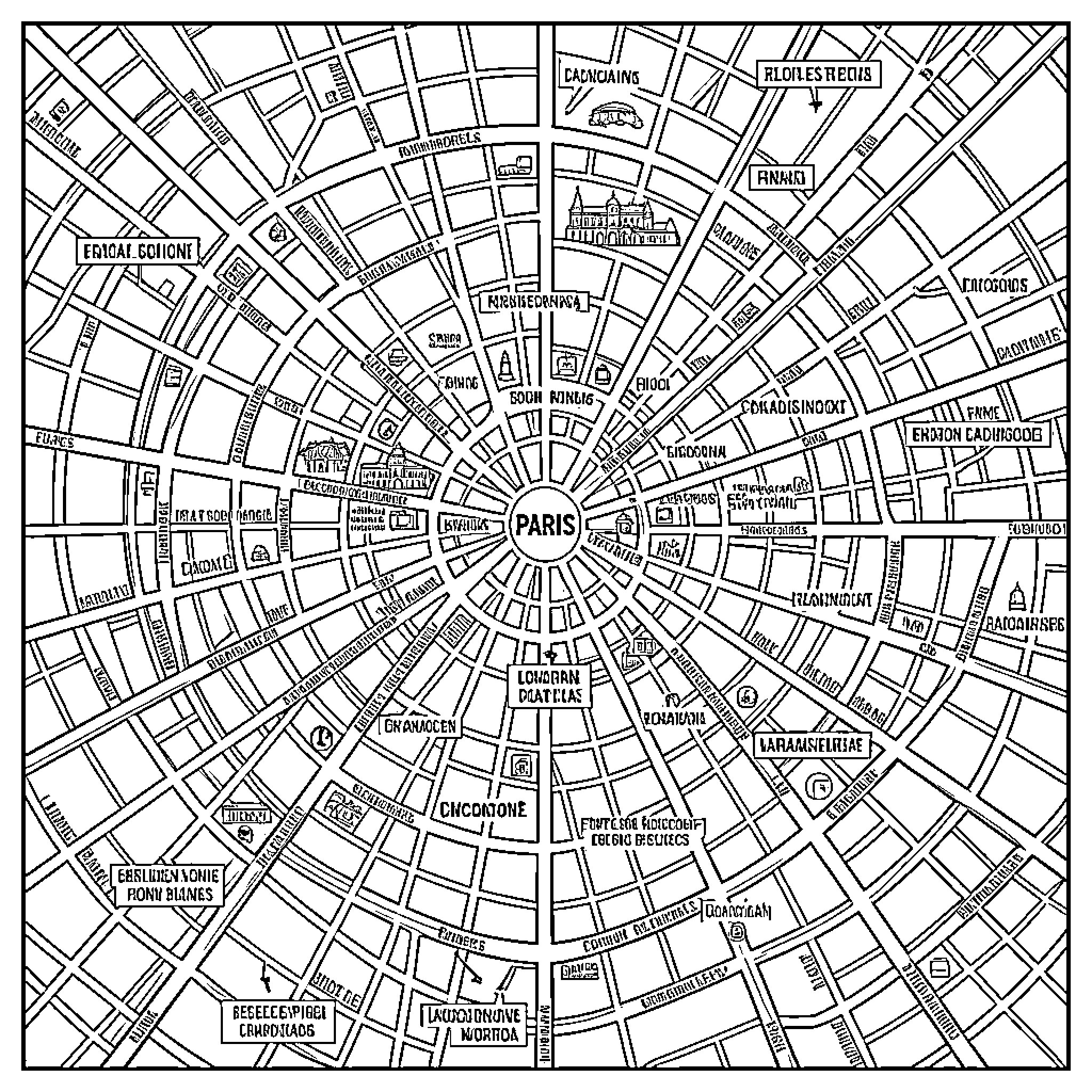 Map of radial city streets and landmarks Coloring Page (free black-and-white line drawing printable PDF for all, from beginners to advanced learners, including children, teens, adults, and seniors)