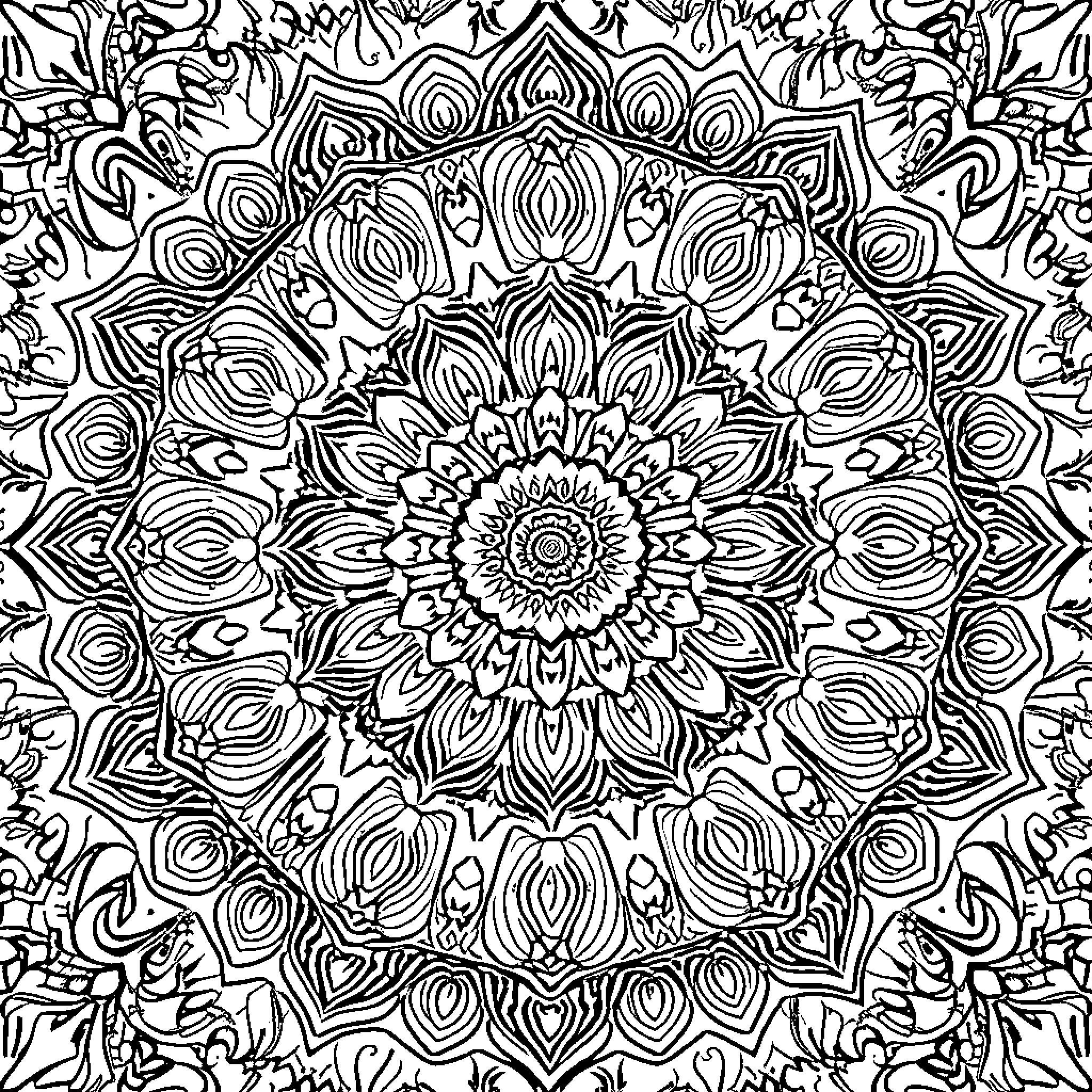 Mandala of intricate floral patterns Coloring Page (free black-and-white line drawing printable PDF for all, from beginners to advanced learners, including children, teens, adults, and seniors)