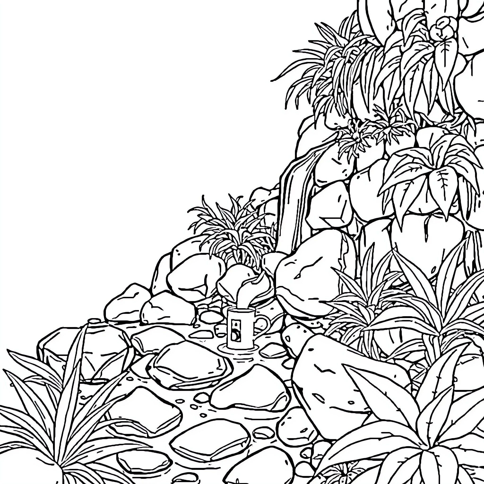 Bible Lavacro - Serene Waterfall Oasis Coloring Page (free black-and-white line drawing printable PDF for all, from beginners to advanced learners, including children, teens, adults, and seniors)