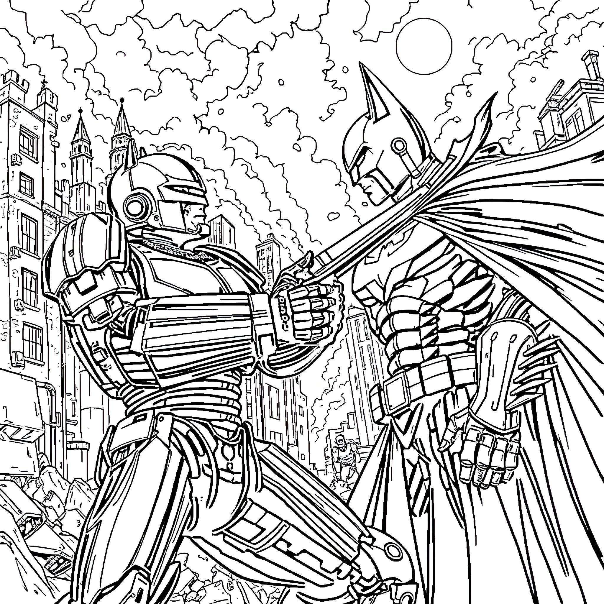 Robocop Battles Monstrous Foe in Futuristic City Coloring Page (free black-and-white line drawing printable PDF for all, from beginners to advanced learners, including children, teens, adults, and seniors)