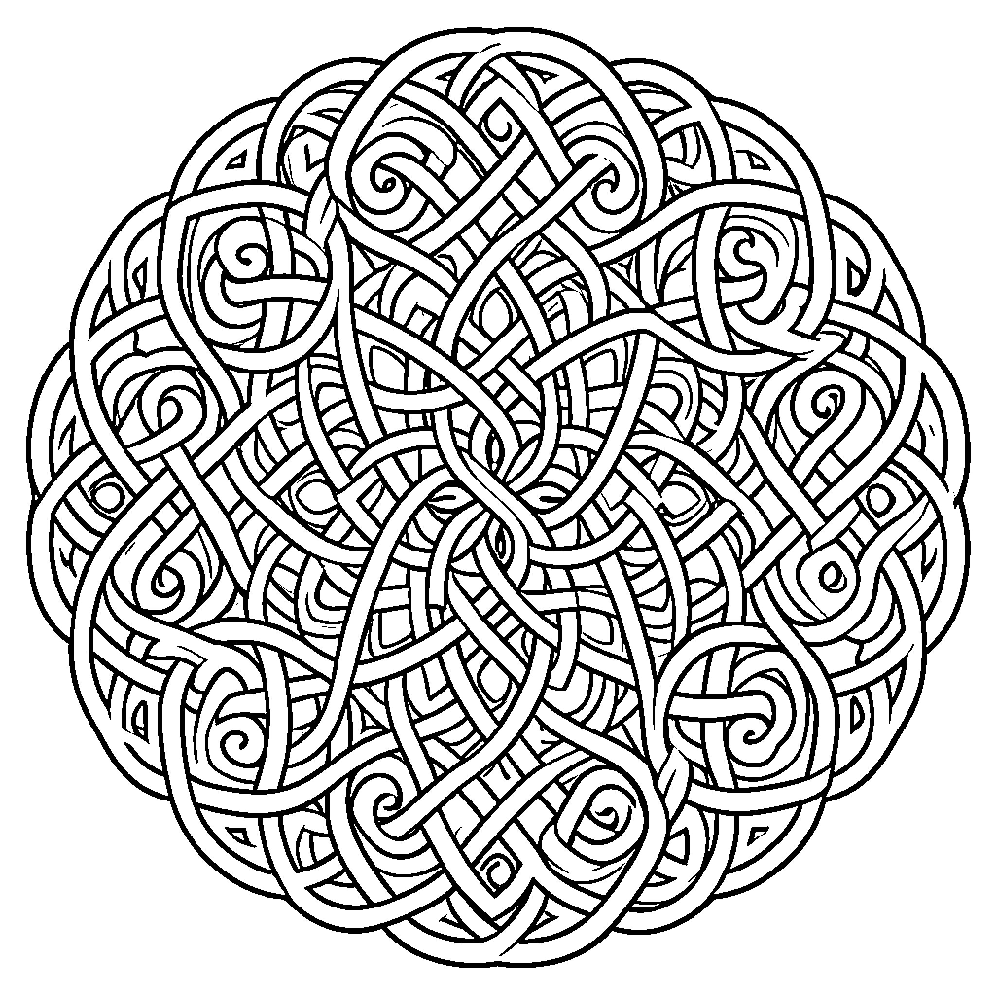 Celtic Knot forming an intricate circular pattern Coloring Page (free black-and-white line drawing printable PDF for all, from beginners to advanced learners, including children, teens, adults, and seniors)