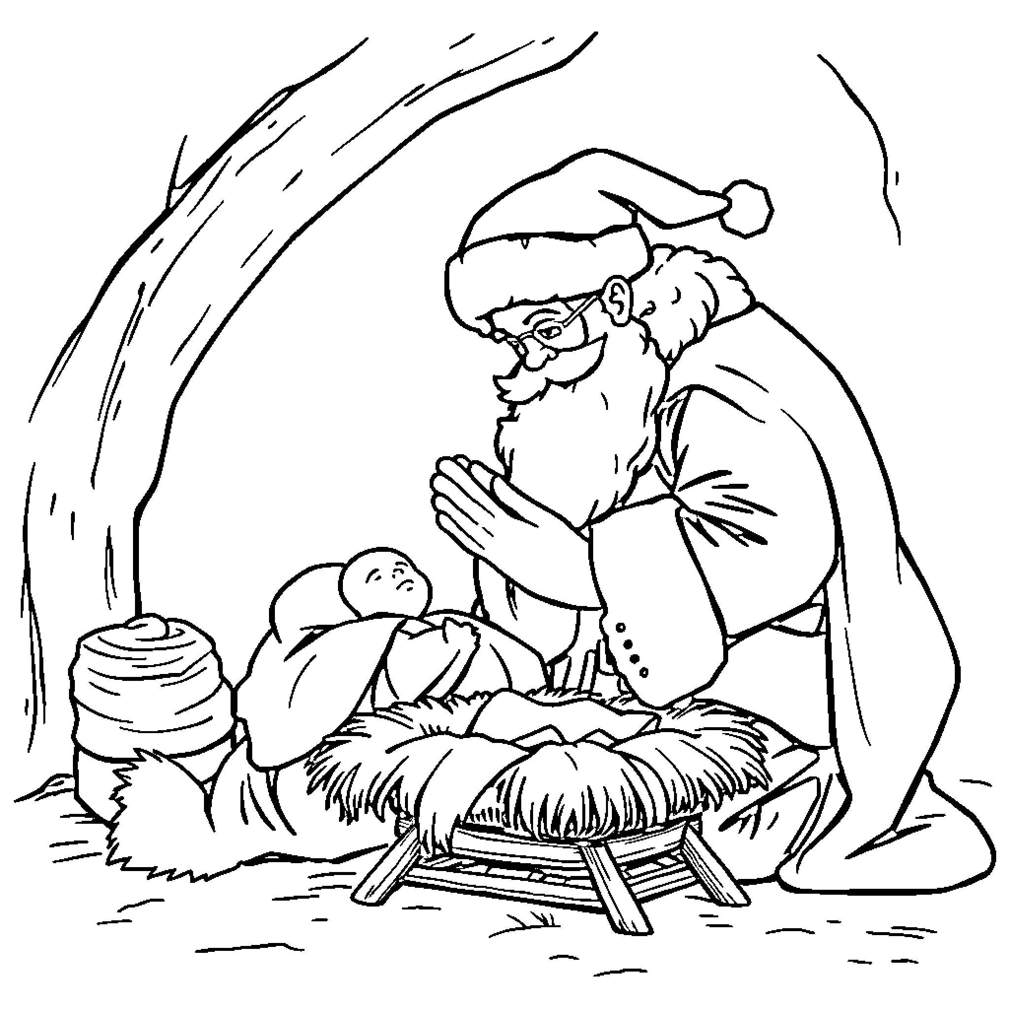 Santa Visiting Baby Jesus in the Manger Coloring Page (free black-and-white line drawing printable PDF for all, from beginners to advanced learners, including children, teens, adults, and seniors)