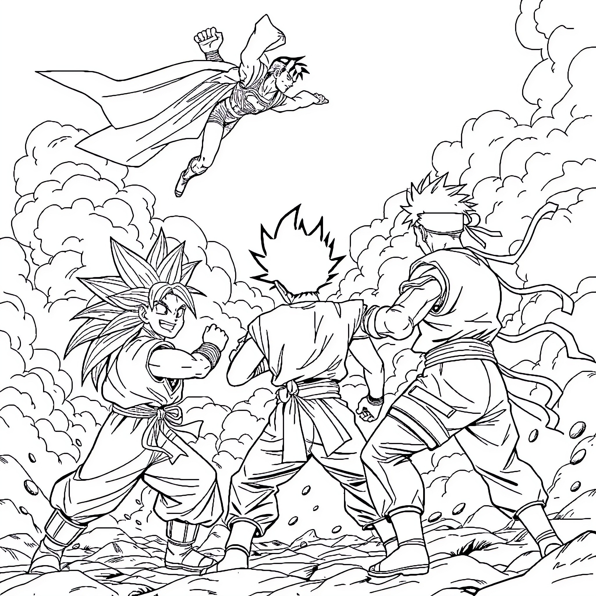 Superhero Characters Engaged in Epic Battle Coloring Page (free black-and-white line drawing printable PDF for all, from beginners to advanced learners, including children, teens, adults, and seniors)