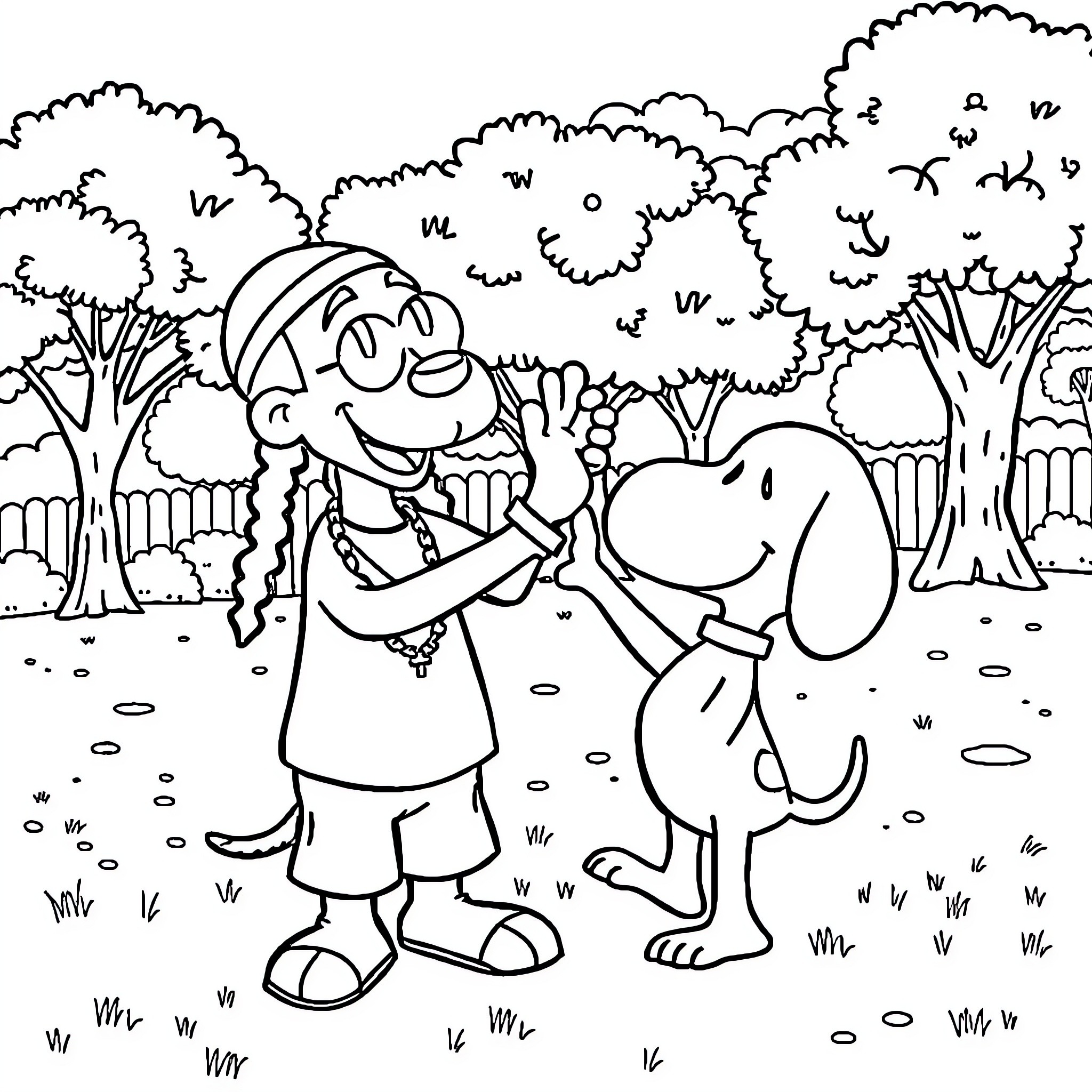Snoopdog having fun with his pet in the forest Coloring Page (free black-and-white line drawing printable PDF for all, from beginners to advanced learners, including children, teens, adults, and seniors)