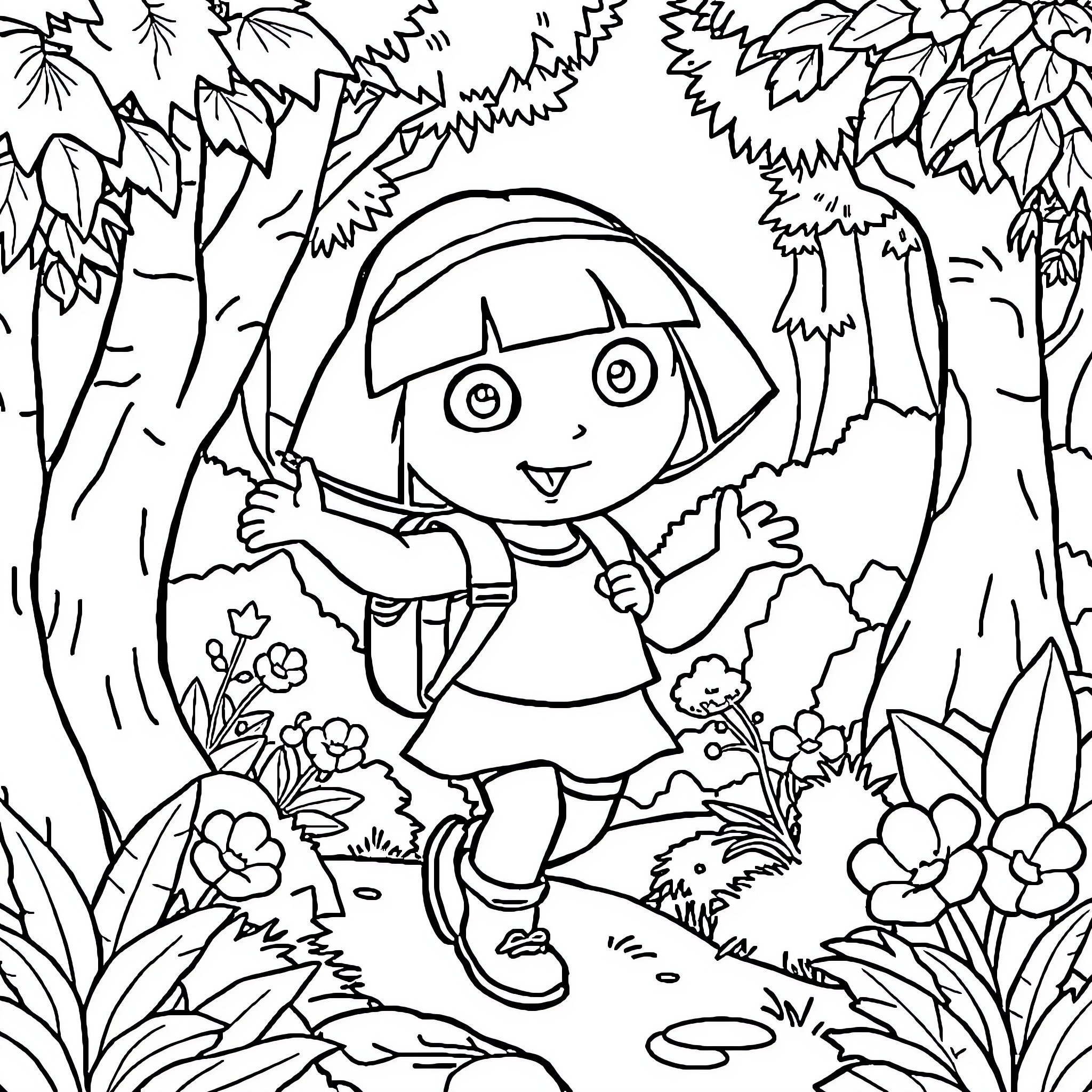 Dora exploring the colorful forest Coloring Page (free black-and-white line drawing printable PDF for all, from beginners to advanced learners, including children, teens, adults, and seniors)