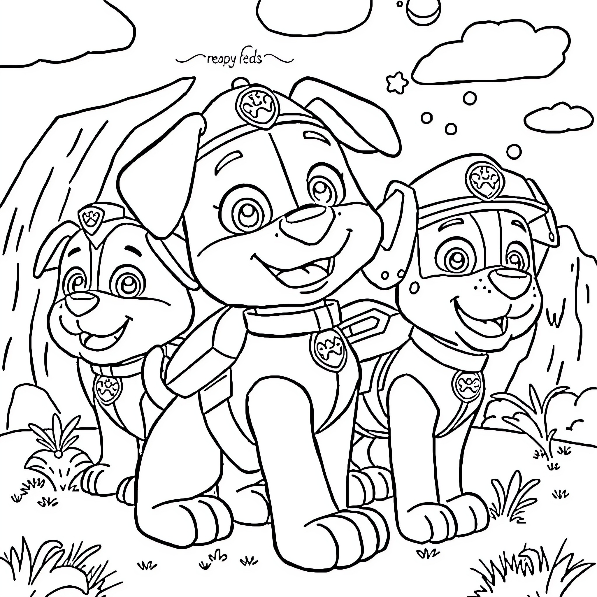 Blue and Paw Patrol pups playing joyfully outdoors Coloring Page (free black-and-white line drawing printable PDF for all, from beginners to advanced learners, including children, teens, adults, and seniors)