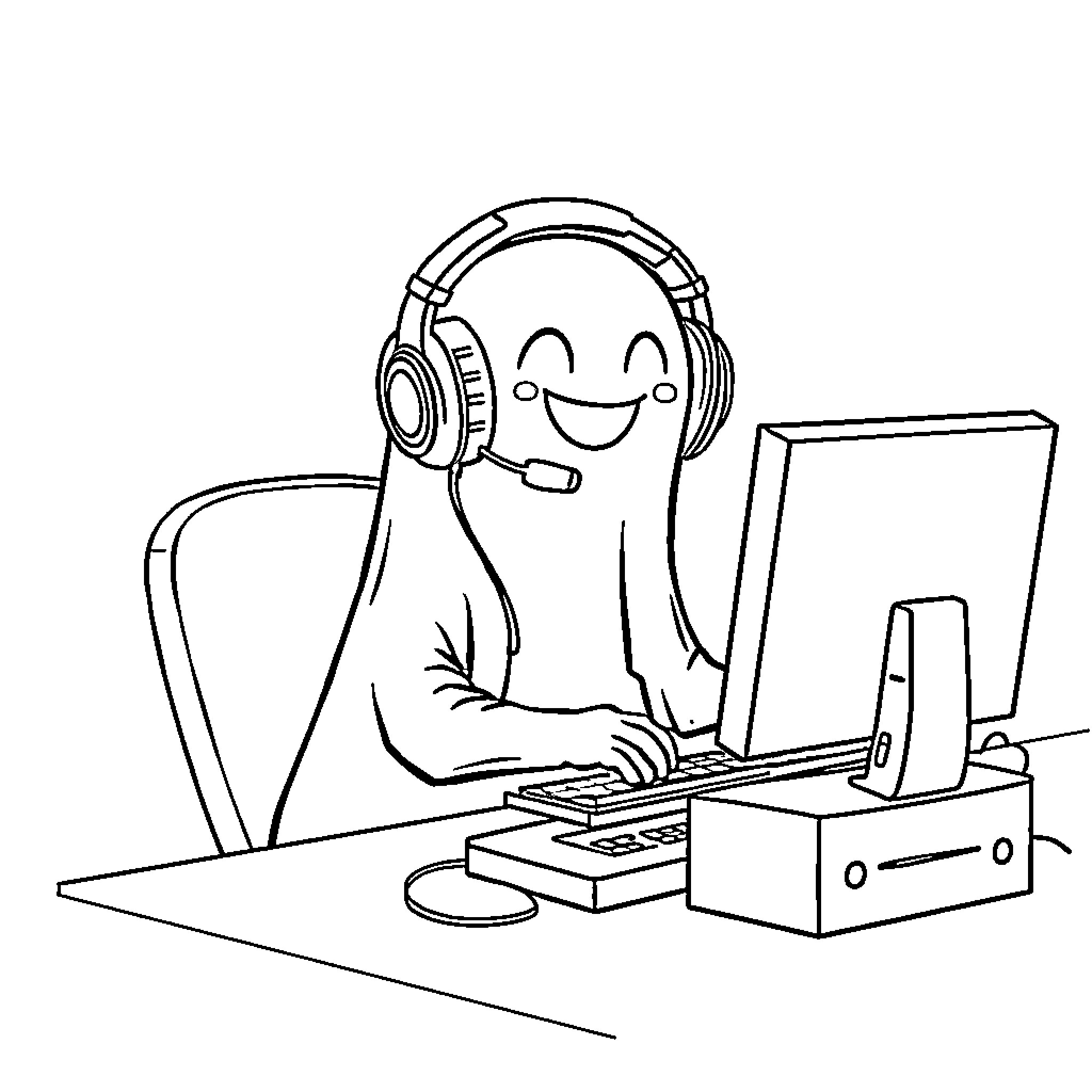 Ghost playing happily with gaming devices Coloring Page (free black-and-white line drawing printable PDF for all, from beginners to advanced learners, including children, teens, adults, and seniors)