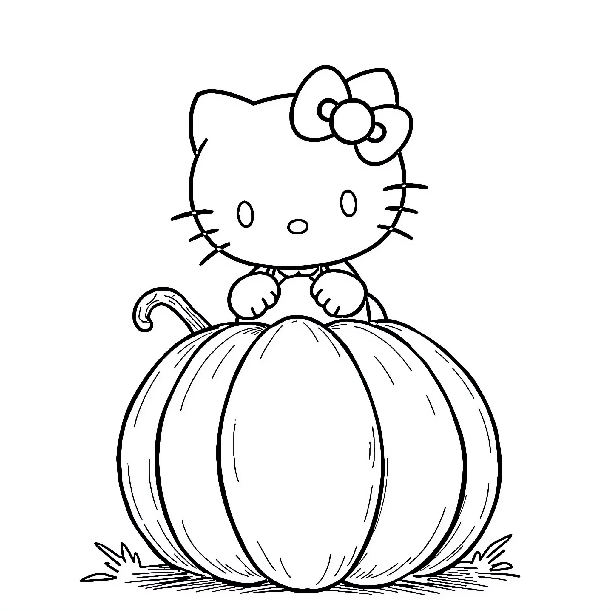 Kuromi sitting on a pumpkin Coloring Page (free black-and-white line drawing printable PDF for all, from beginners to advanced learners, including children, teens, adults, and seniors)