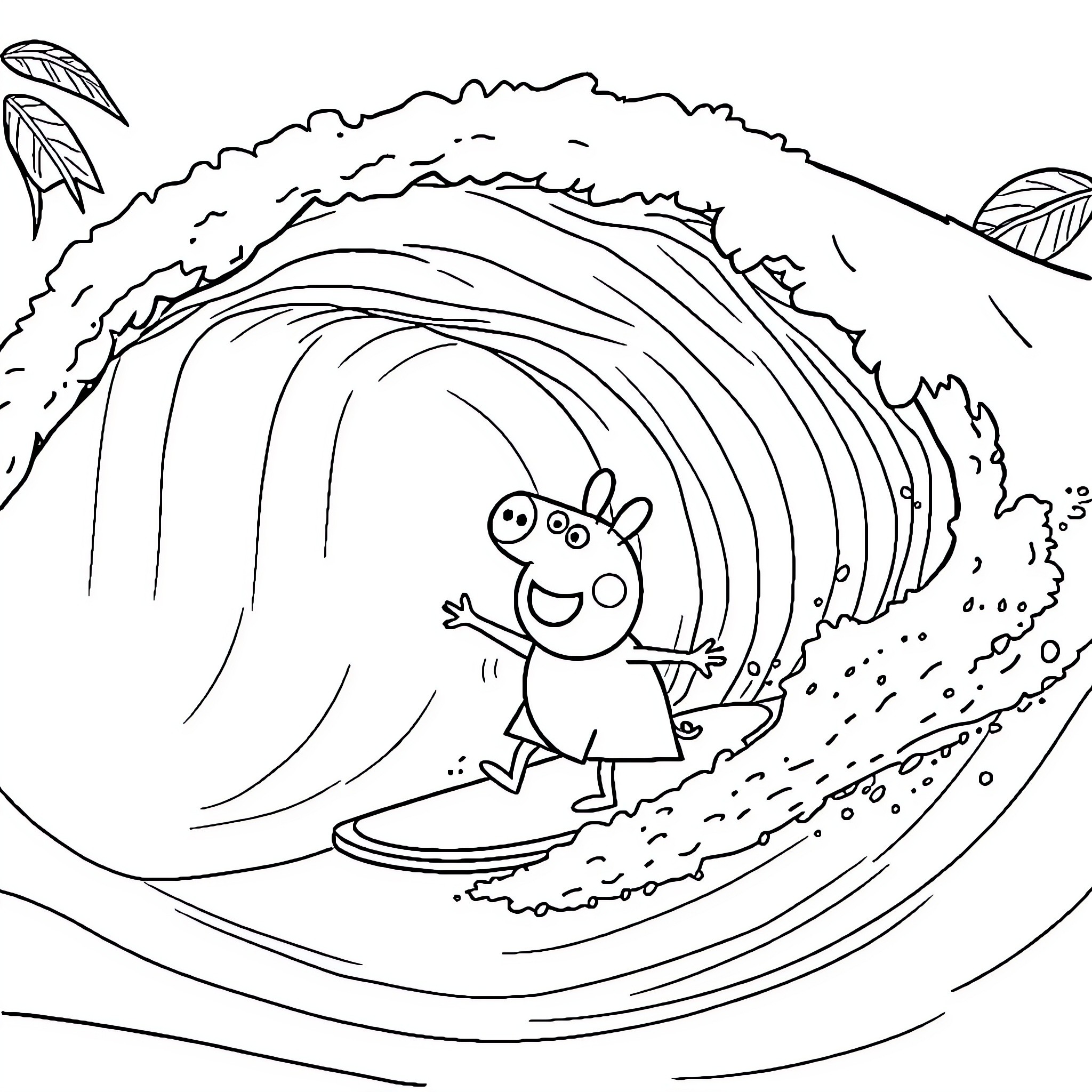 Peppa Pig surfing through a giant wave Coloring Page (free black-and-white line drawing printable PDF for all, from beginners to advanced learners, including children, teens, adults, and seniors)