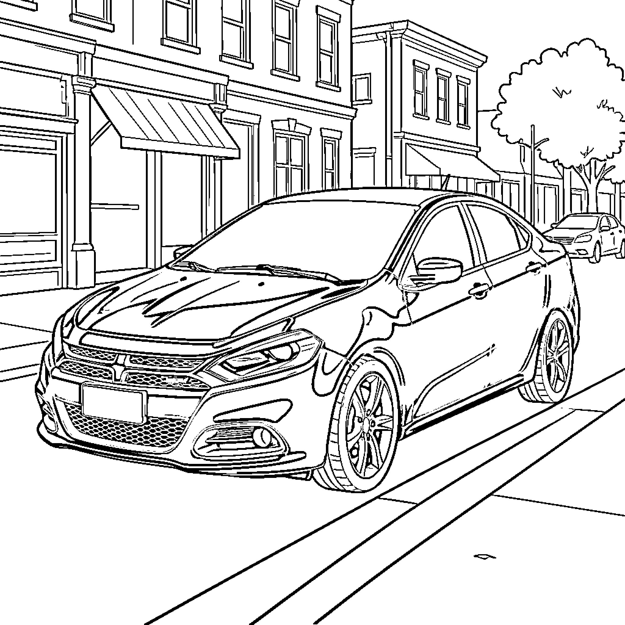 Dodge Dart parked on a quiet city street Coloring Page (free black-and-white line drawing printable PDF for all, from beginners to advanced learners, including children, teens, adults, and seniors)