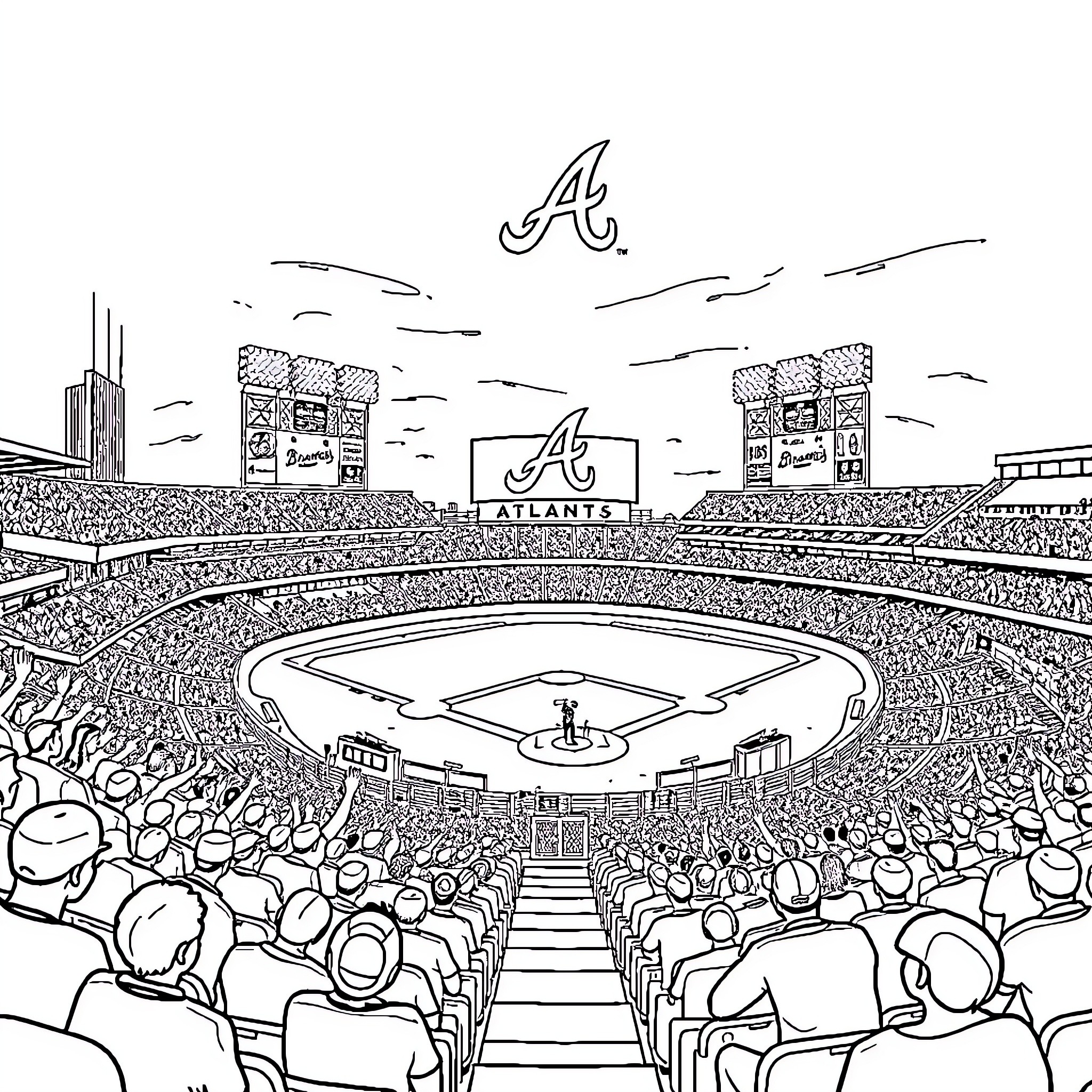 Stadium filled with spectators watching a game Coloring Page (free black-and-white line drawing printable PDF for all, from beginners to advanced learners, including children, teens, adults, and seniors)