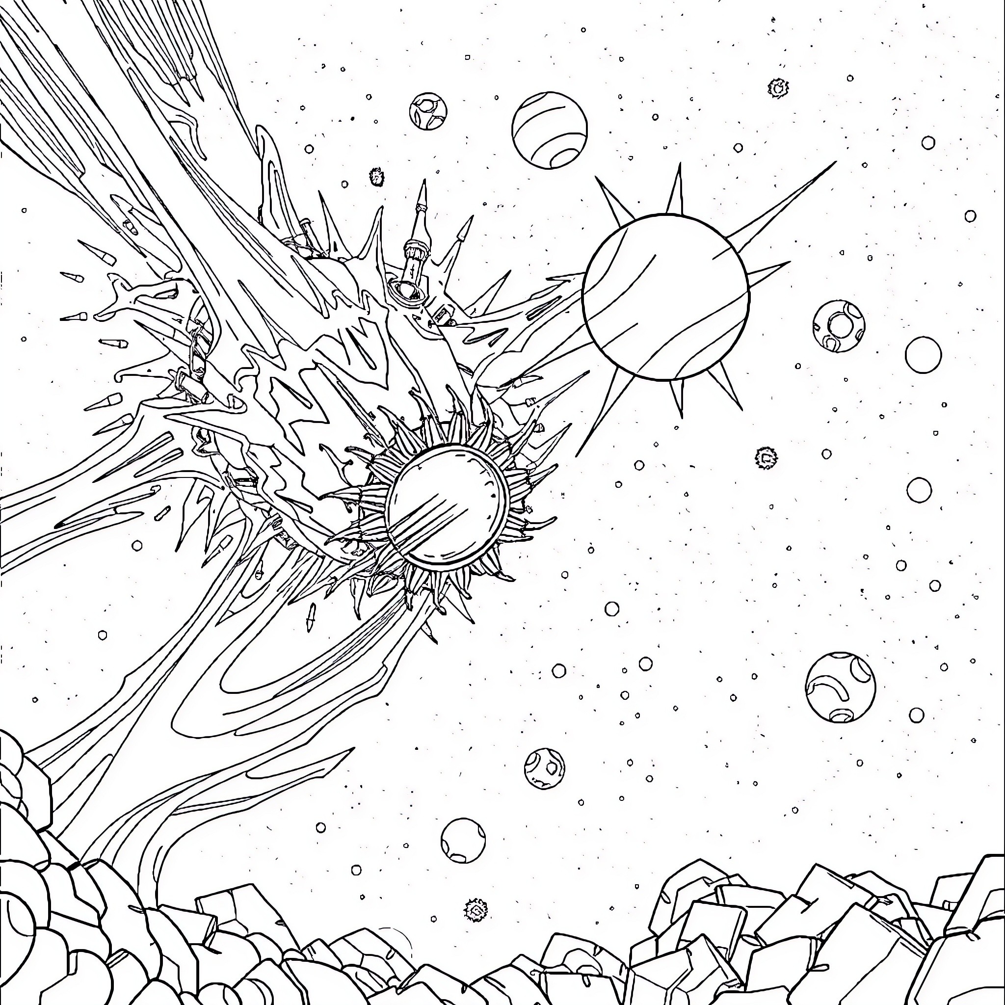 Force and Motion: Cosmic Explosion and Celestial Bodies Coloring Page (free black-and-white line drawing printable PDF for all, from beginners to advanced learners, including children, teens, adults, and seniors)
