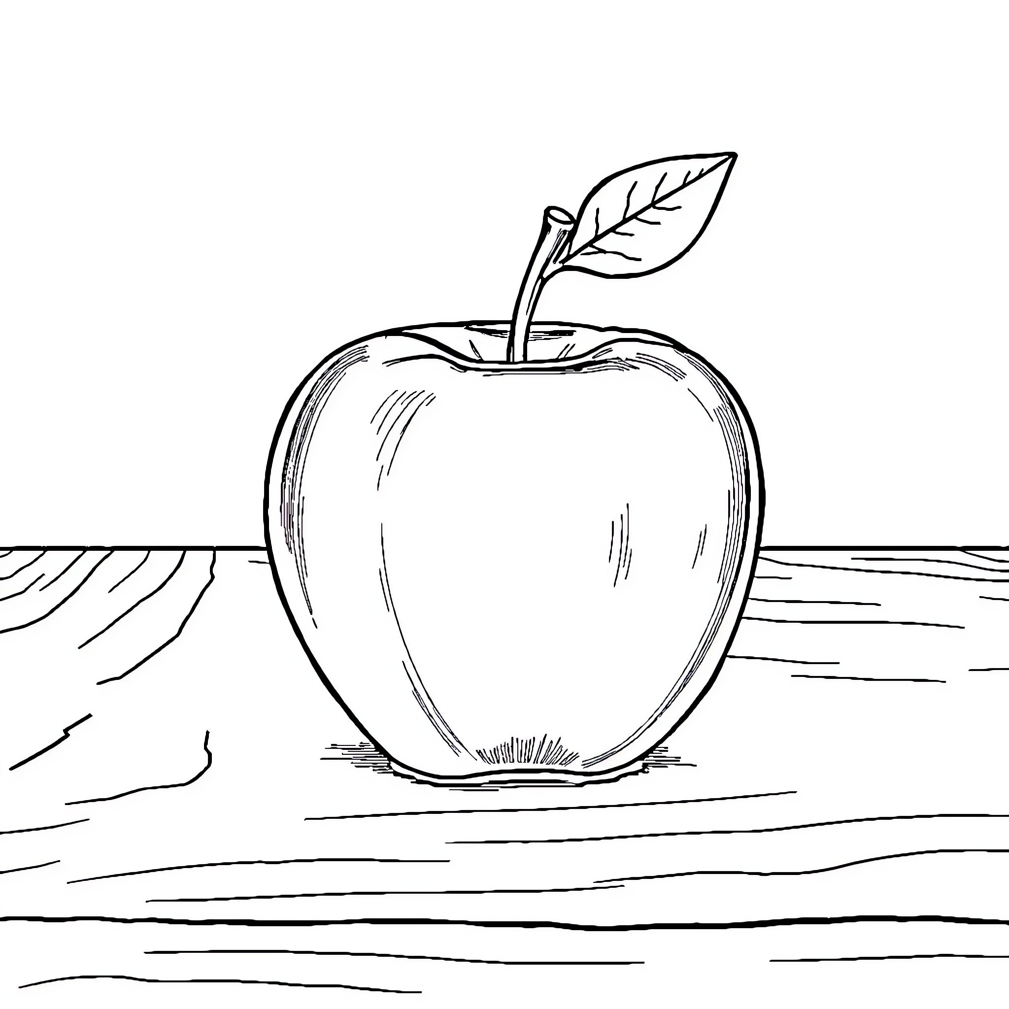 Apple on a Wooden Surface Coloring Page (free black-and-white line drawing printable PDF for all, from beginners to advanced learners, including children, teens, adults, and seniors)