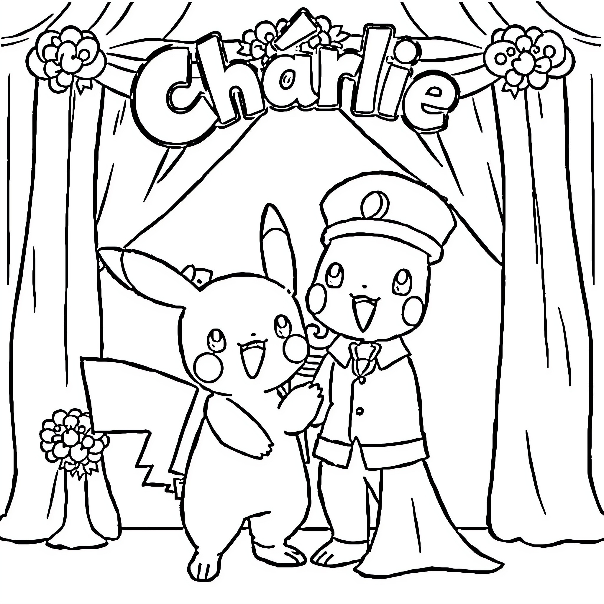 Pokémon Charlie and Pikachu in Theatrical Performance Coloring Page (free black-and-white line drawing printable PDF for all, from beginners to advanced learners, including children, teens, adults, and seniors)