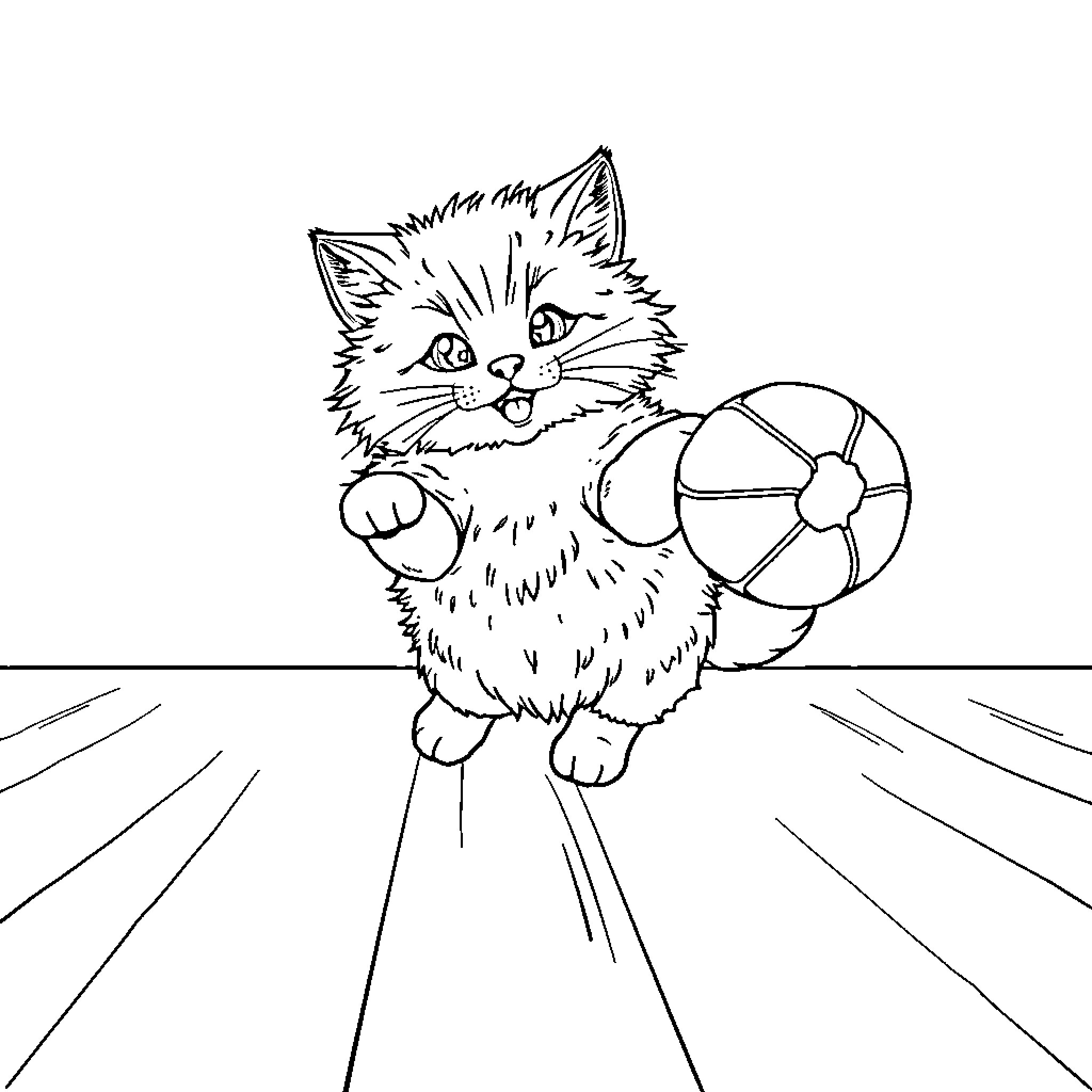 Cat playing with ball on bright background Coloring Page (free black-and-white line drawing printable PDF for all, from beginners to advanced learners, including children, teens, adults, and seniors)