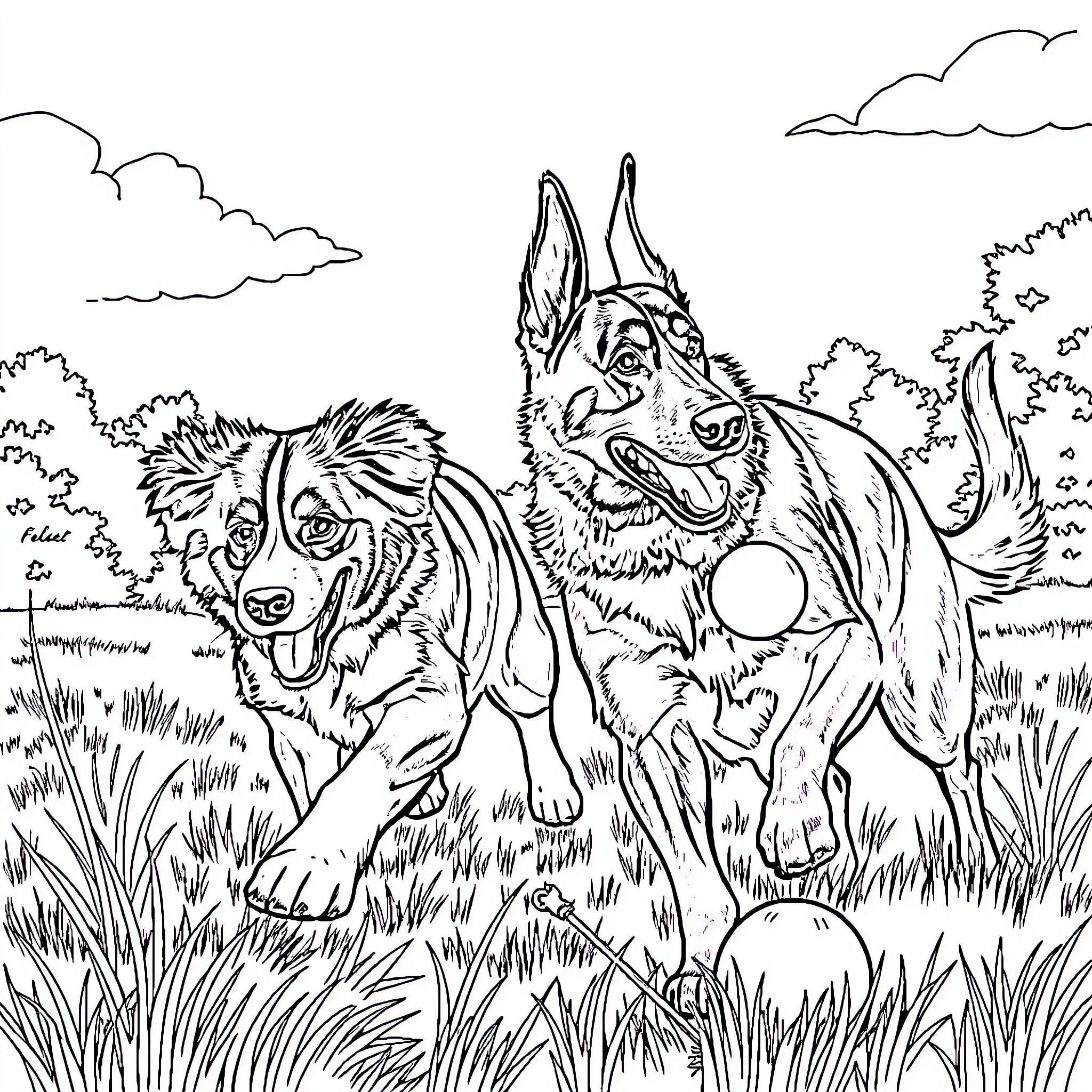 Dog playing fetch in the park Coloring Page (free black-and-white line drawing printable PDF for all, from beginners to advanced learners, including children, teens, adults, and seniors)