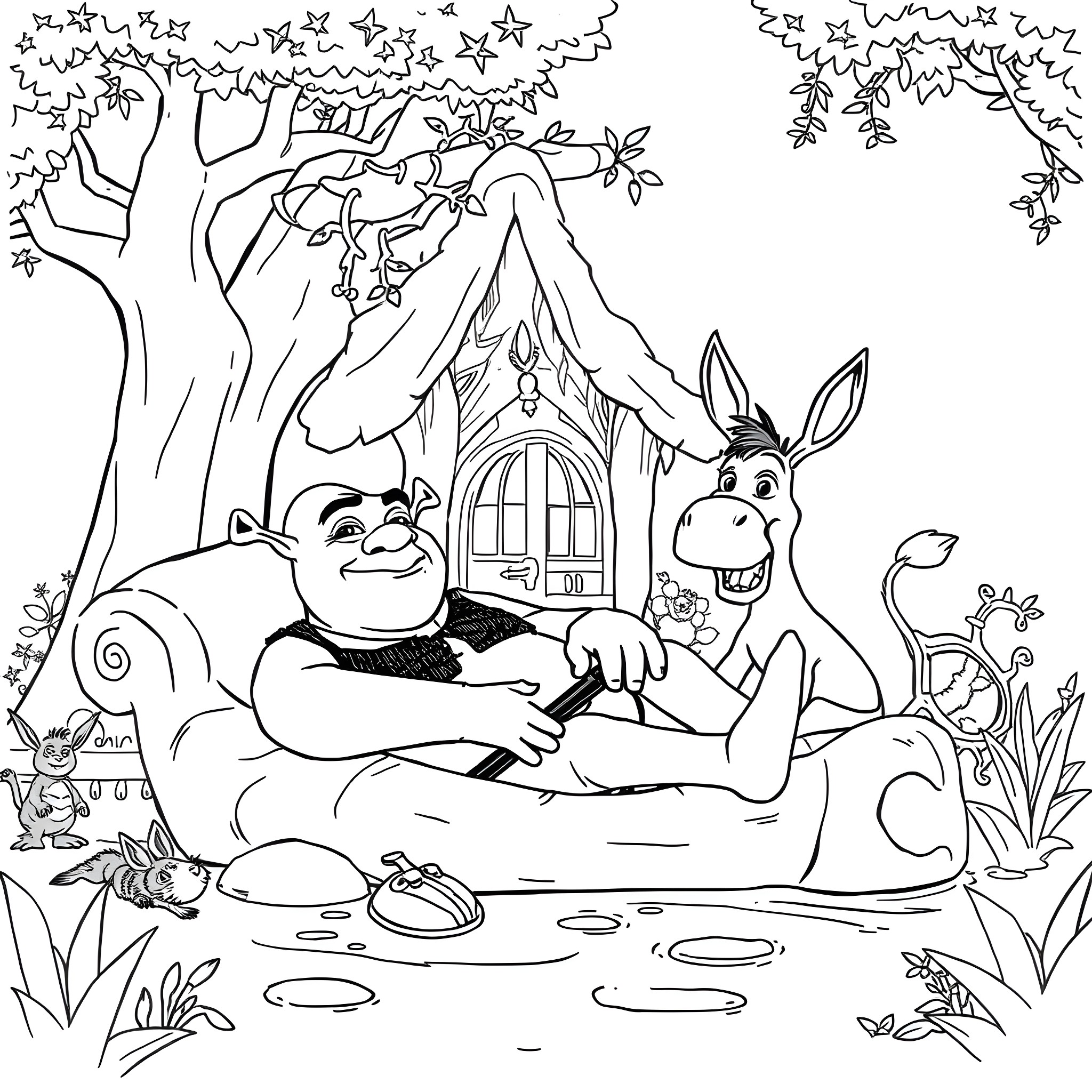 Shrek and Donkey Relax in Fairy Tale Forest Coloring Page (free black-and-white line drawing printable PDF for all, from beginners to advanced learners, including children, teens, adults, and seniors)