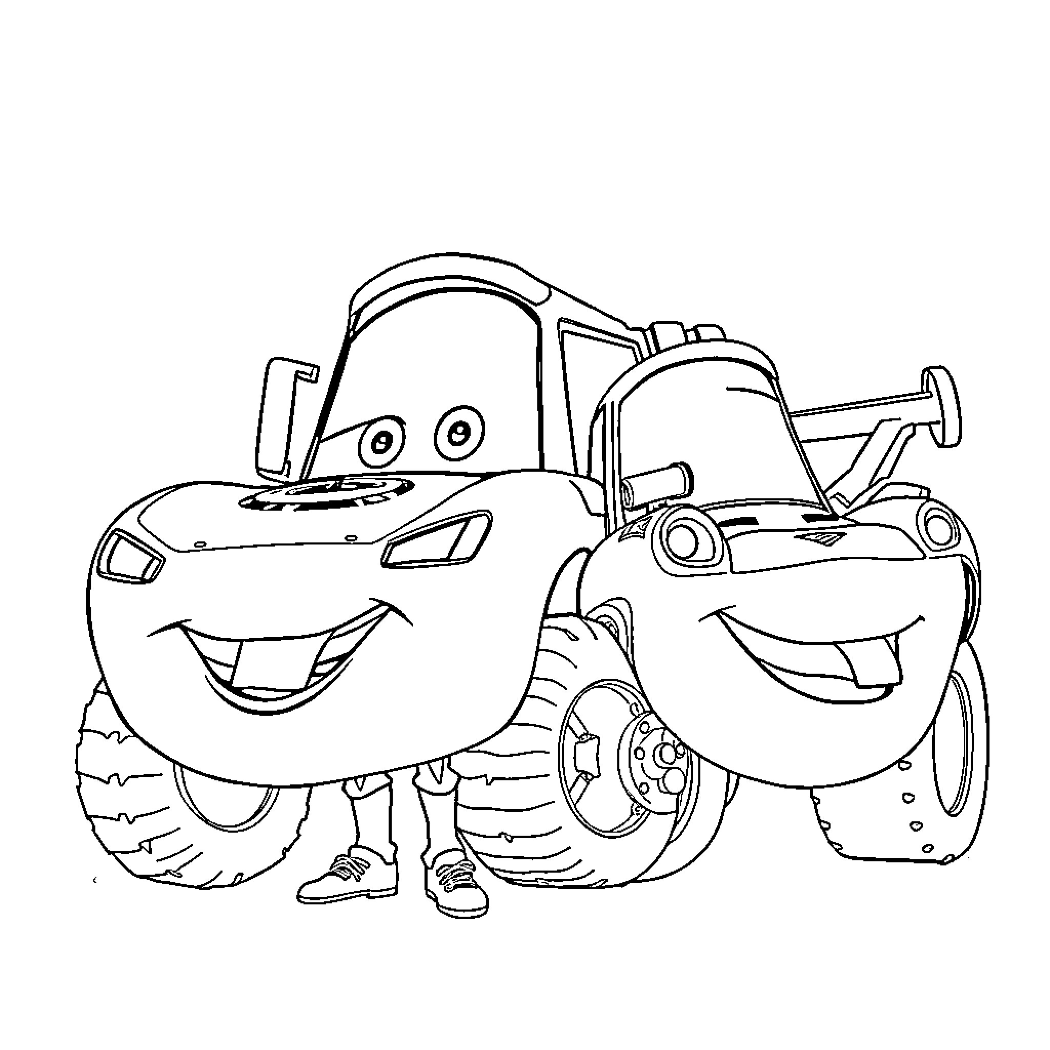 Lightning McQueen and Mater sharing a friendly moment Coloring Page (free black-and-white line drawing printable PDF for all, from beginners to advanced learners, including children, teens, adults, and seniors)