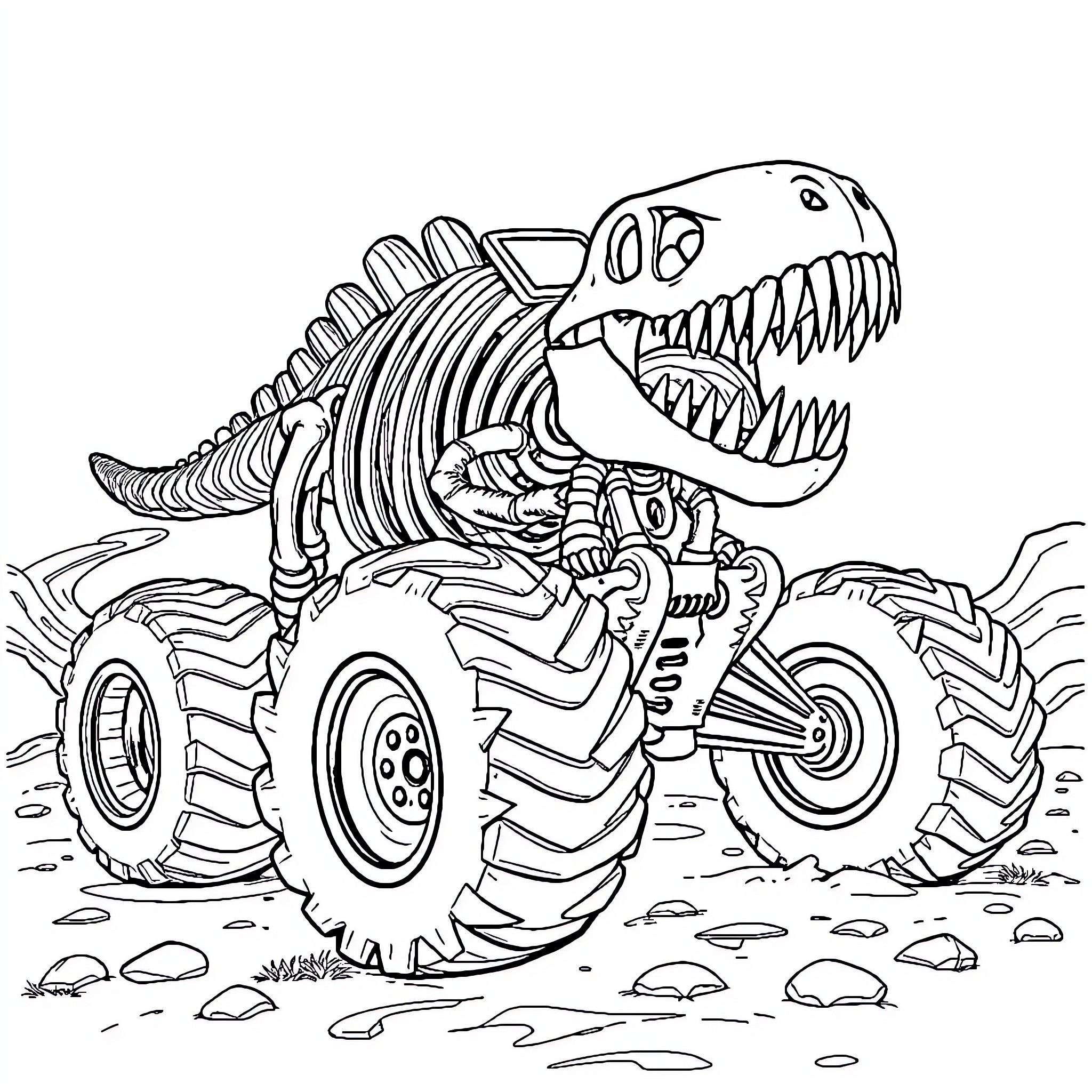 Monster Truck Dinosaur Crushing Terrain Coloring Page (free black-and-white line drawing printable PDF for all, from beginners to advanced learners, including children, teens, adults, and seniors)