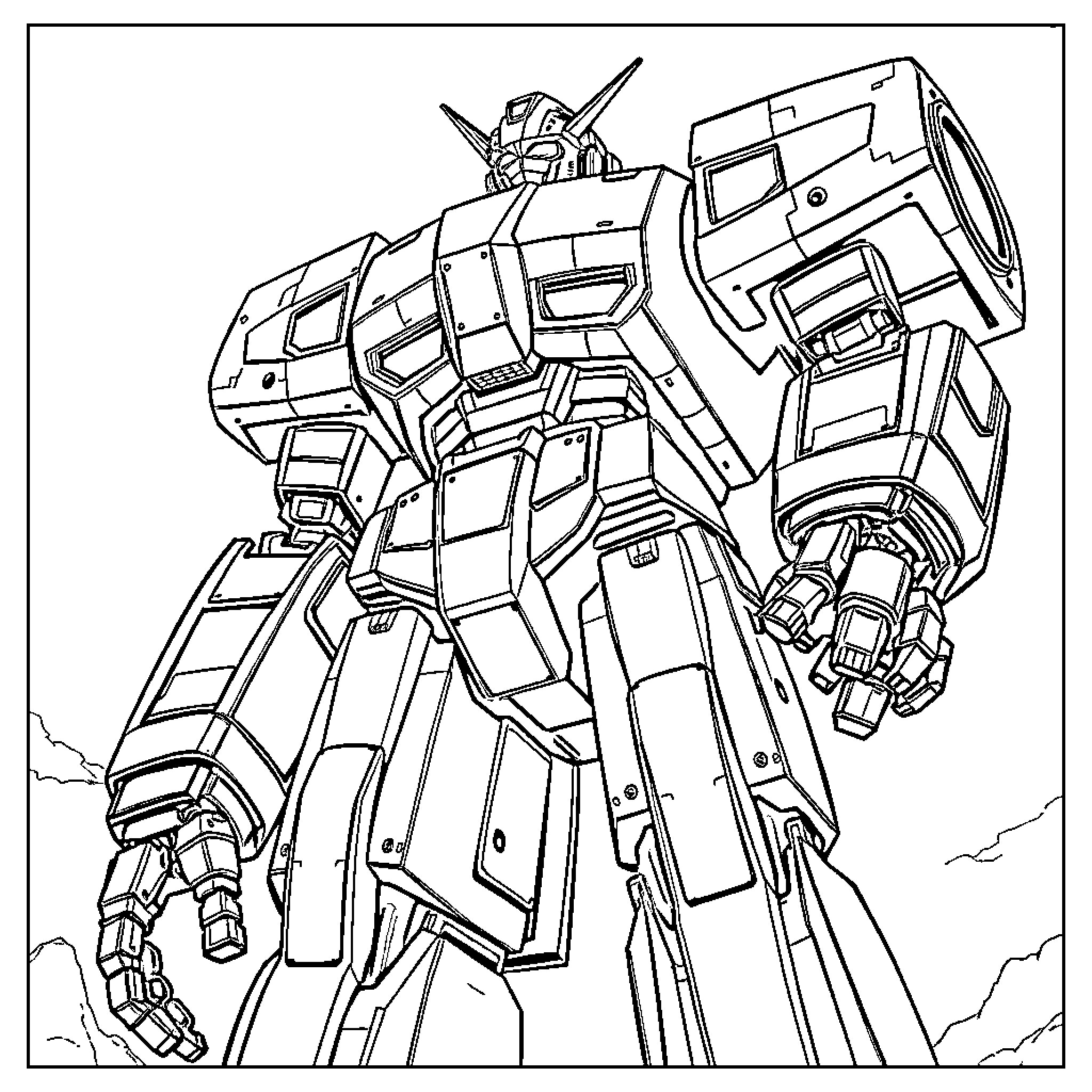 Goldorak heroic mecha in epic battle stance Coloring Page (free black-and-white line drawing printable PDF for all, from beginners to advanced learners, including children, teens, adults, and seniors)