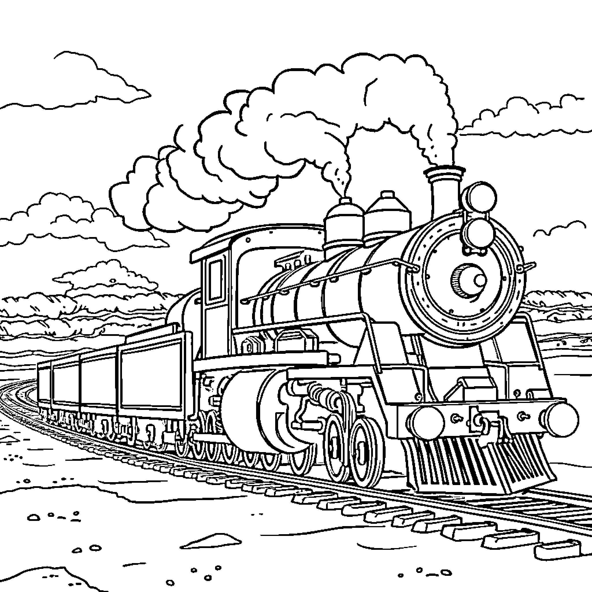 Steam Train puffing through the countryside Coloring Page (free black-and-white line drawing printable PDF for all, from beginners to advanced learners, including children, teens, adults, and seniors)