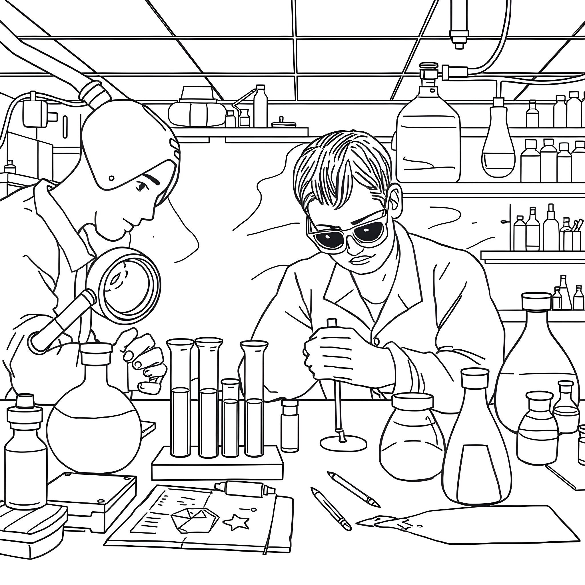 Forensic Science: Scientists Conducting Laboratory Experiments Coloring Page (free black-and-white line drawing printable PDF for all, from beginners to advanced learners, including children, teens, adults, and seniors)