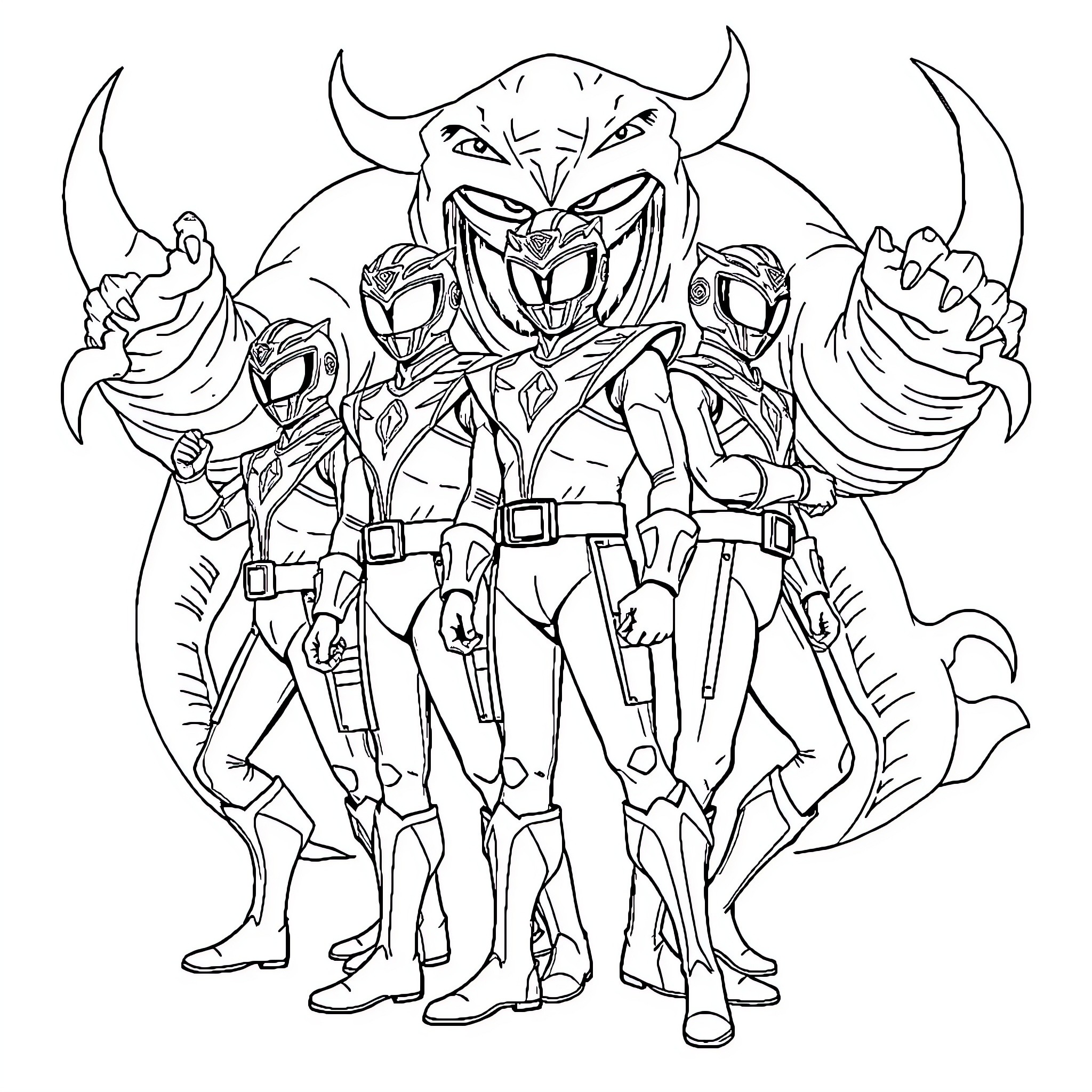 Super Sentai Heroes in Fierce Battle Formation Coloring Page (free black-and-white line drawing printable PDF for all, from beginners to advanced learners, including children, teens, adults, and seniors)