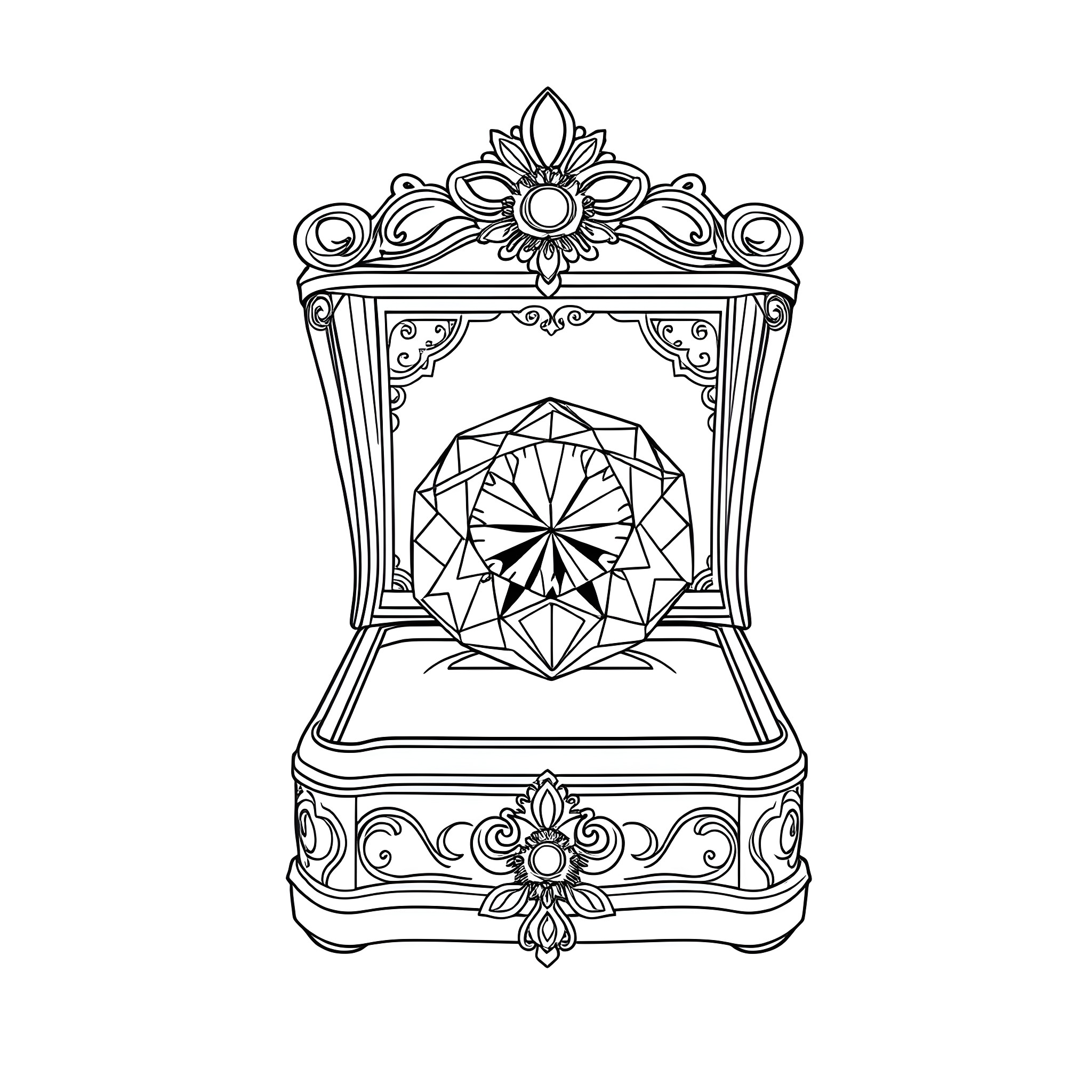 Gemstone Ornamental Jewelry Box with Intricate Design Coloring Page (free black-and-white line drawing printable PDF for all, from beginners to advanced learners, including children, teens, adults, and seniors)