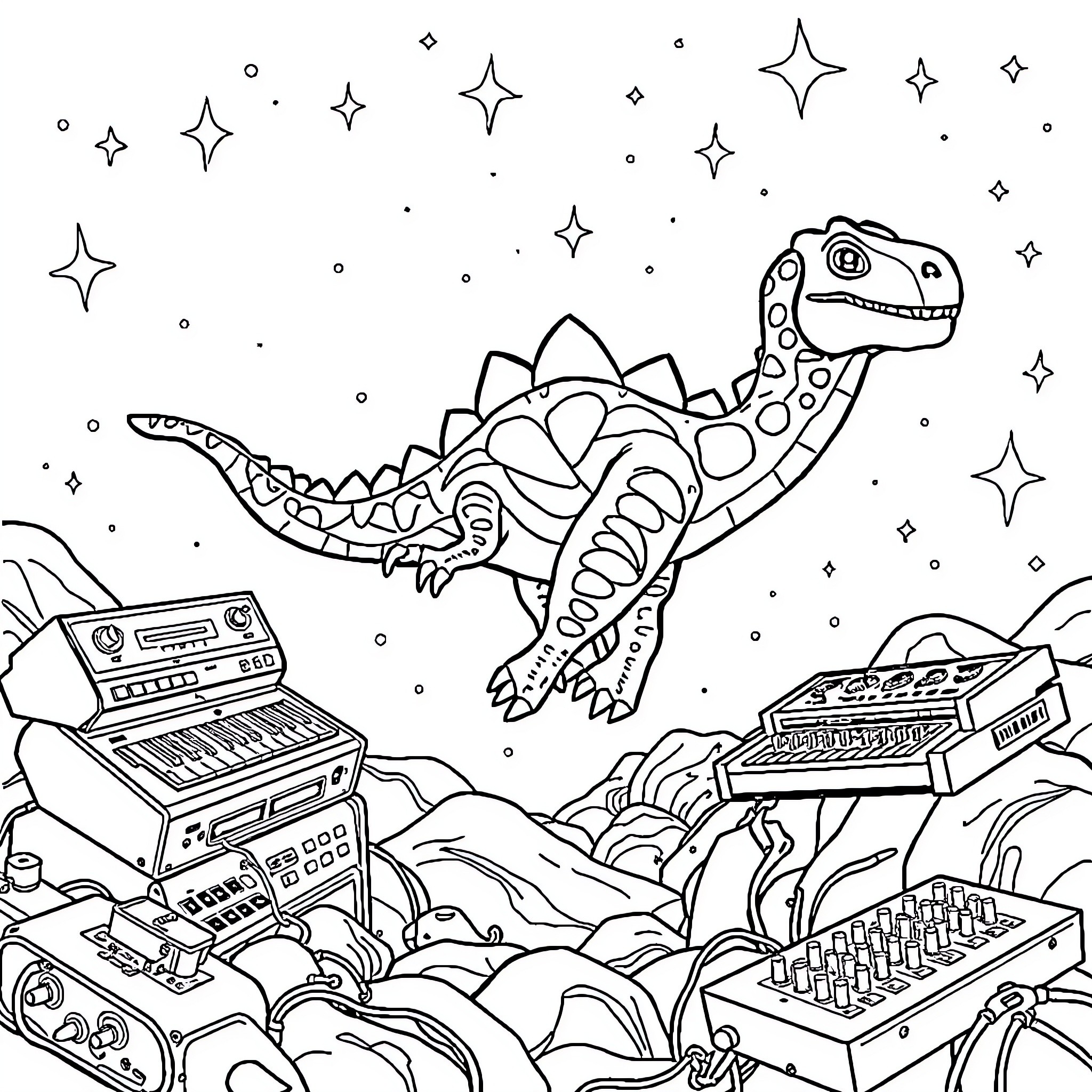 Dinosaur playing with electronic musical instruments Coloring Page (free black-and-white line drawing printable PDF for all, from beginners to advanced learners, including children, teens, adults, and seniors)