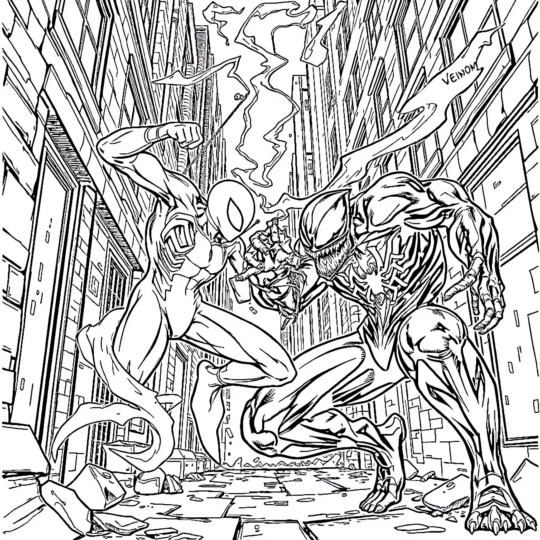 Ghost Spider battles a monstrous villain in the city Coloring Page (free black-and-white line drawing printable PDF for all, from beginners to advanced learners, including children, teens, adults, and seniors)
