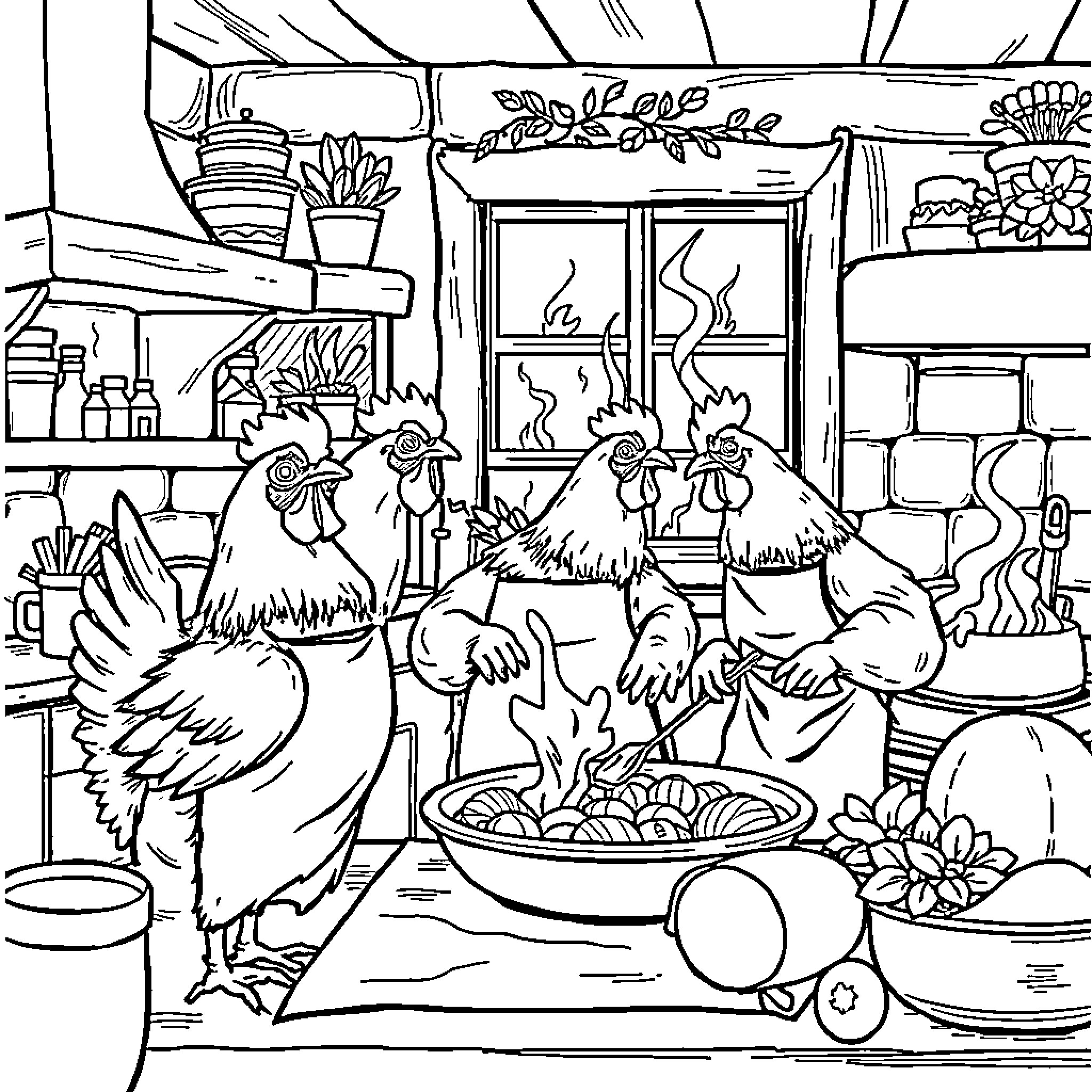 Chicken gathering around a hearty meal in a cozy kitchen Coloring Page (free black-and-white line drawing printable PDF for all, from beginners to advanced learners, including children, teens, adults, and seniors)