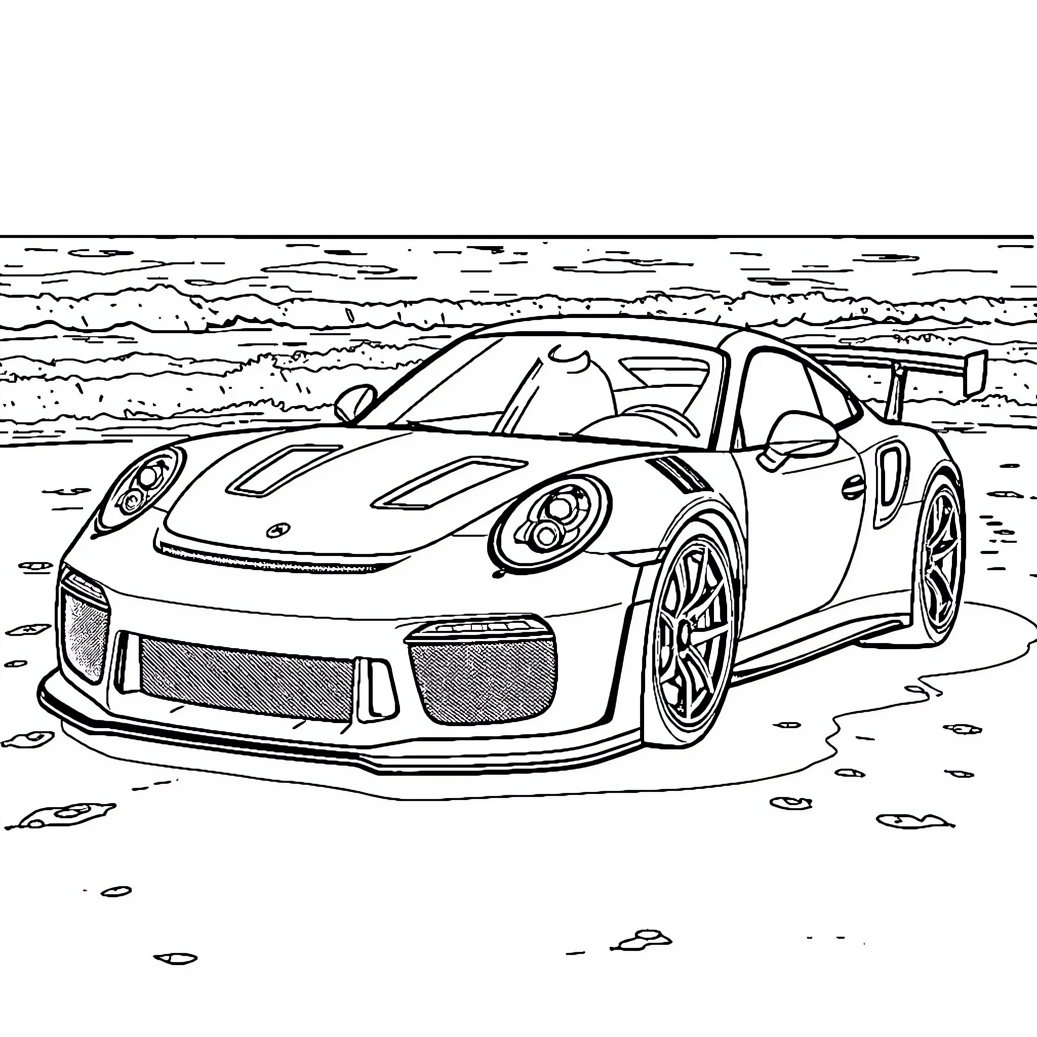 Gt3Rs race car on the track Coloring Page (free black-and-white line drawing printable PDF for all, from beginners to advanced learners, including children, teens, adults, and seniors)