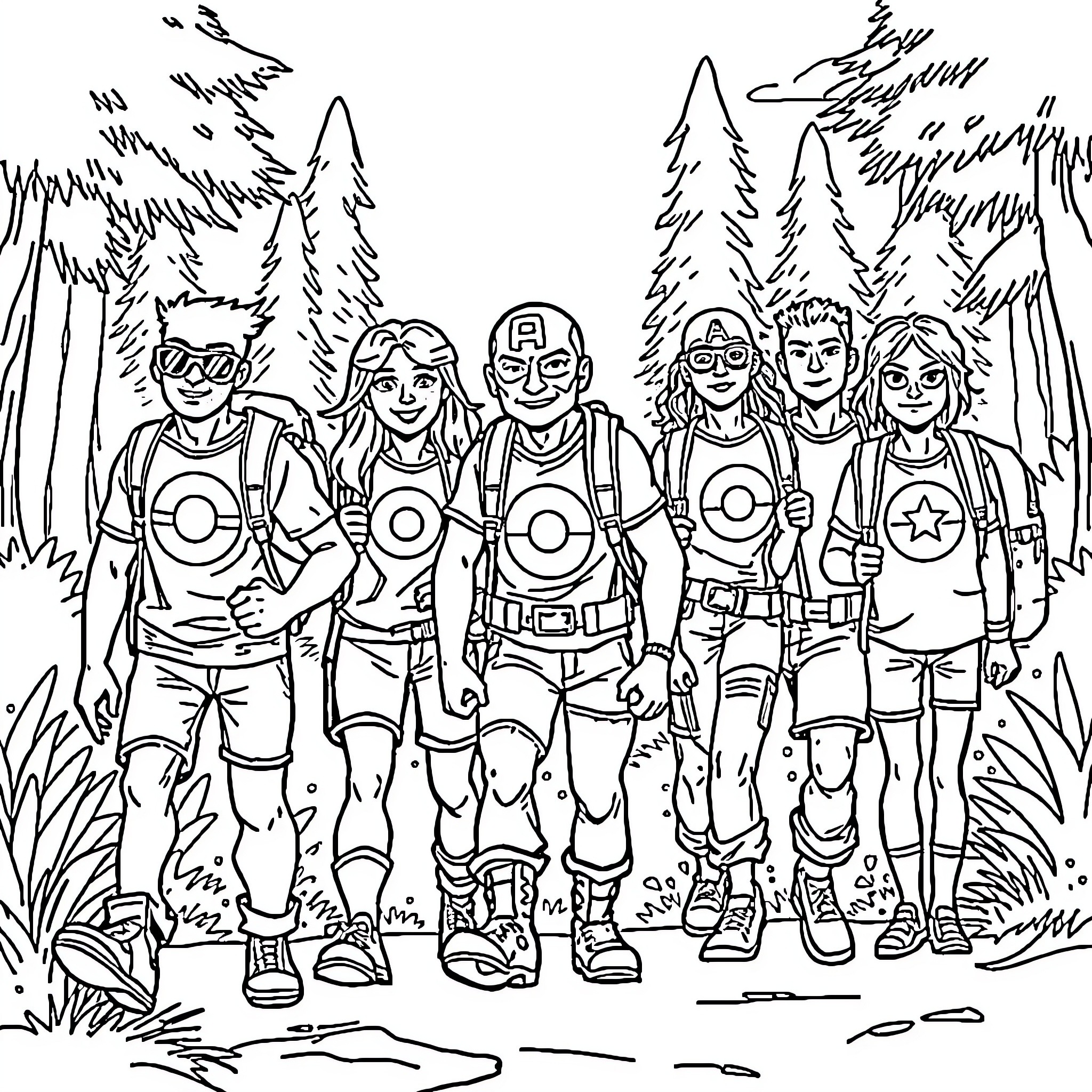 Avengers Team Exploring Outdoor Adventure Coloring Page (free black-and-white line drawing printable PDF for all, from beginners to advanced learners, including children, teens, adults, and seniors)