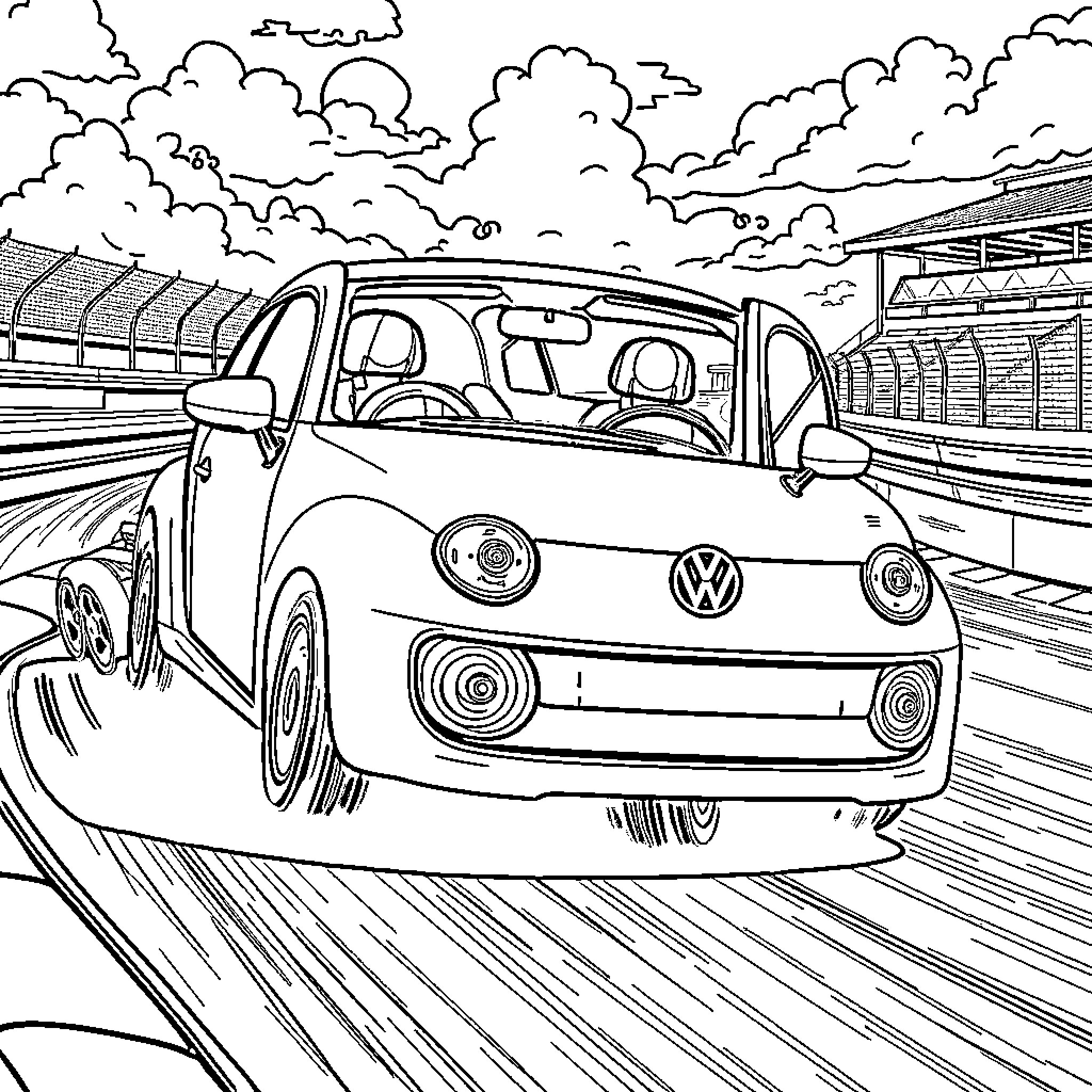 Volkswagen car speeding on race track Coloring Page (free black-and-white line drawing printable PDF for all, from beginners to advanced learners, including children, teens, adults, and seniors)
