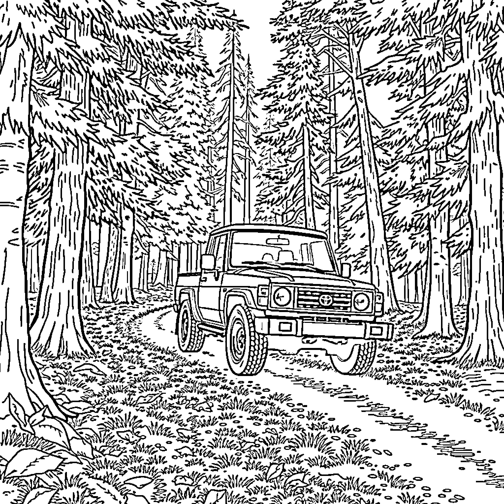 Toyota Adventure in the Forested Wilderness Coloring Page (free black-and-white line drawing printable PDF for all, from beginners to advanced learners, including children, teens, adults, and seniors)