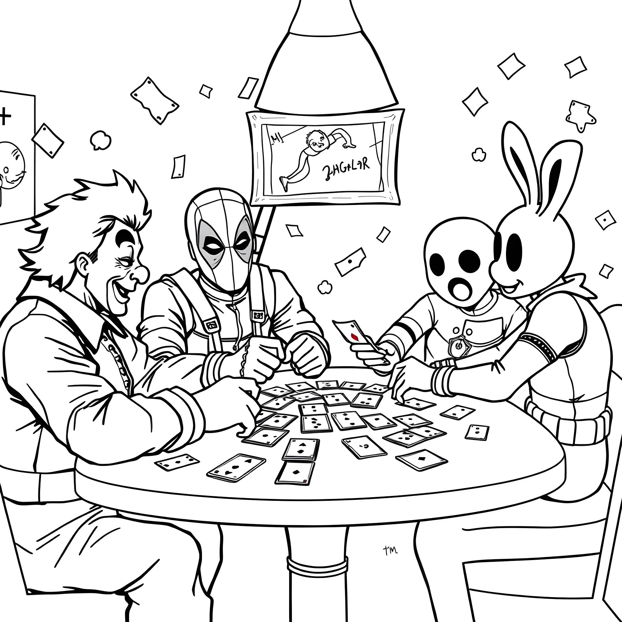 Character playing board game with friends in colorful scene Coloring Page (free black-and-white line drawing printable PDF for all, from beginners to advanced learners, including children, teens, adults, and seniors)
