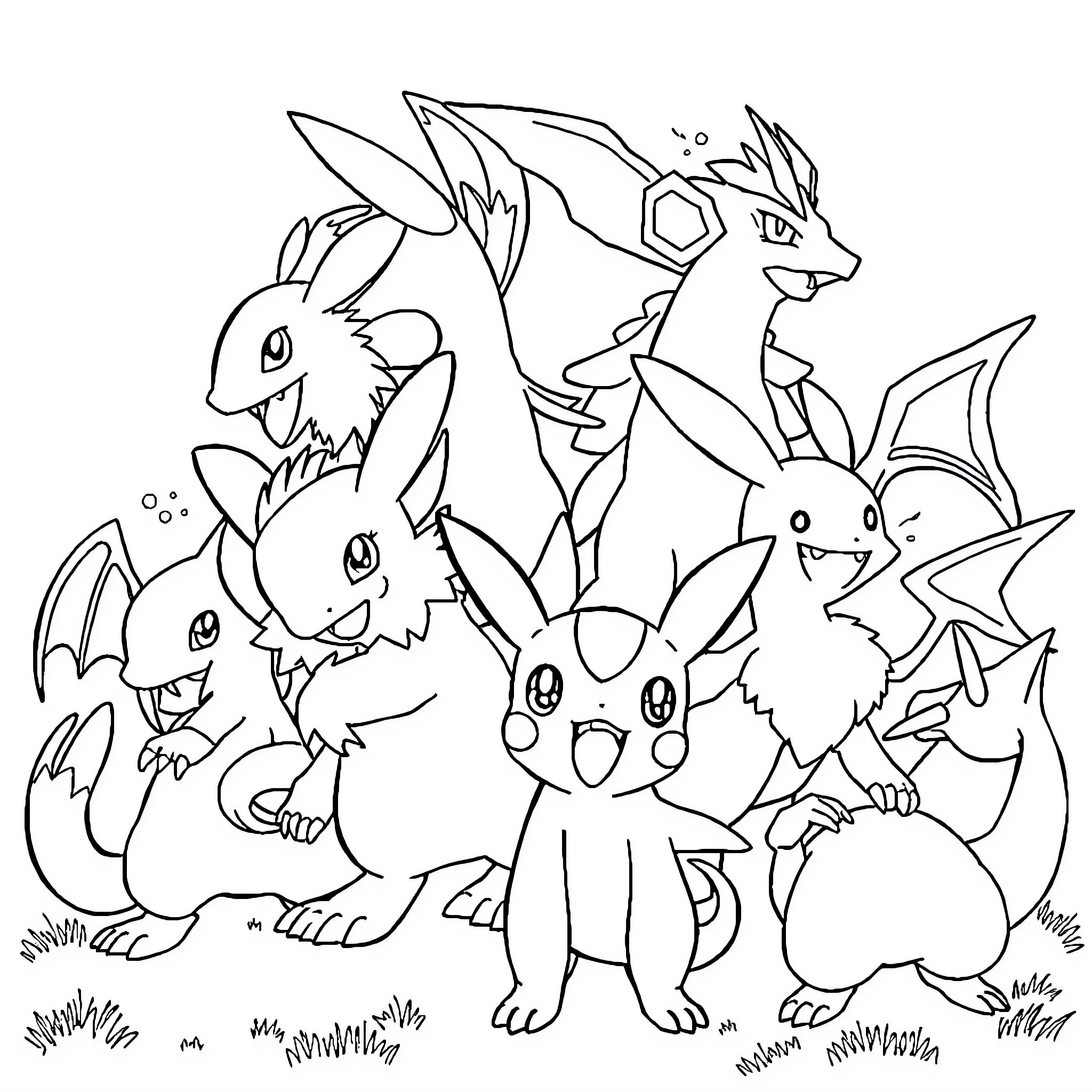 Pokémon Creatures Gathered Together Coloring Page (free black-and-white line drawing printable PDF for all, from beginners to advanced learners, including children, teens, adults, and seniors)