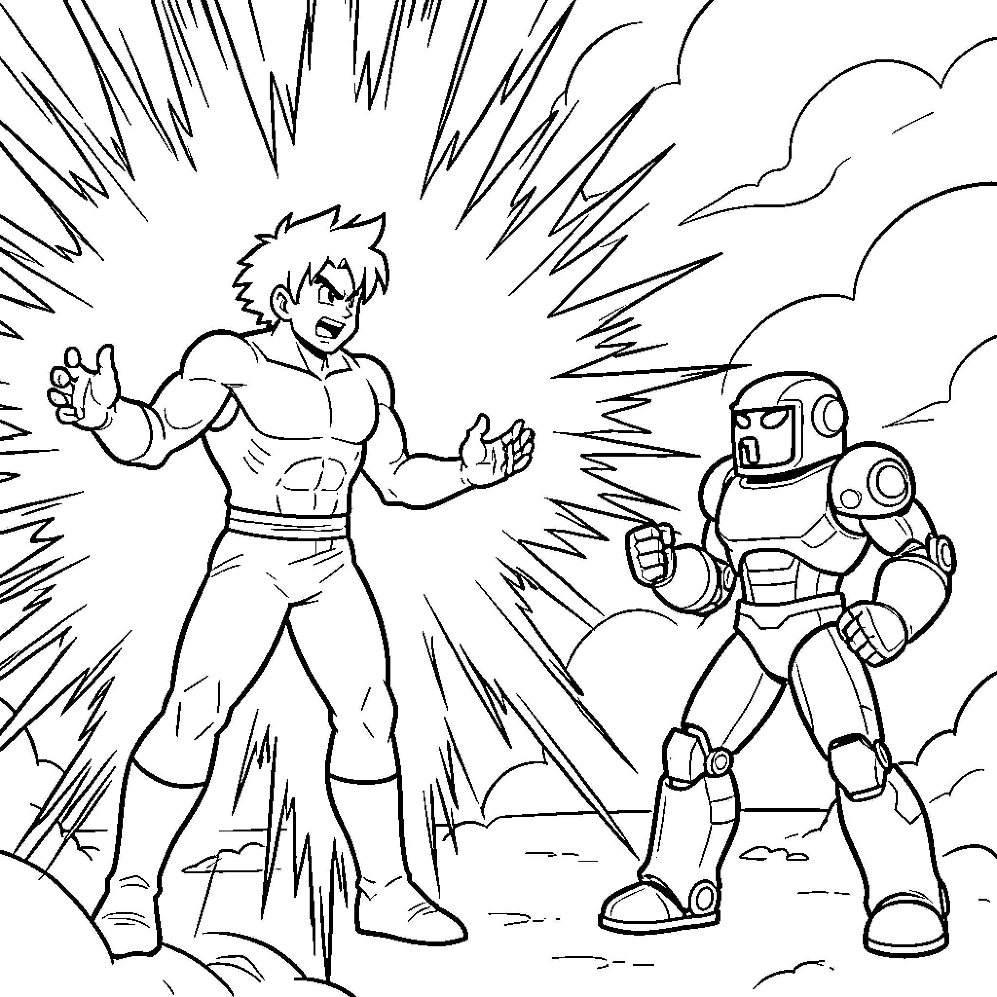 Sangoku facing a robotic opponent in a battle scene Coloring Page (free black-and-white line drawing printable PDF for all, from beginners to advanced learners, including children, teens, adults, and seniors)