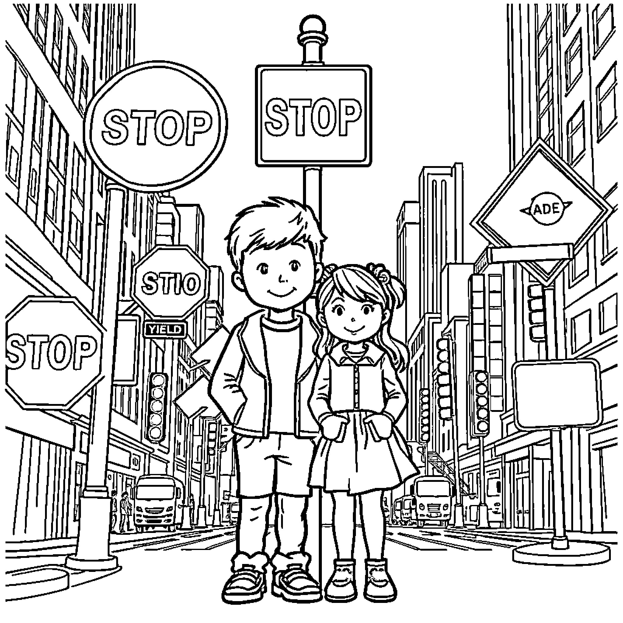 Sign of a Boy and Girl in a City Street Coloring Page (free black-and-white line drawing printable PDF for all, from beginners to advanced learners, including children, teens, adults, and seniors)