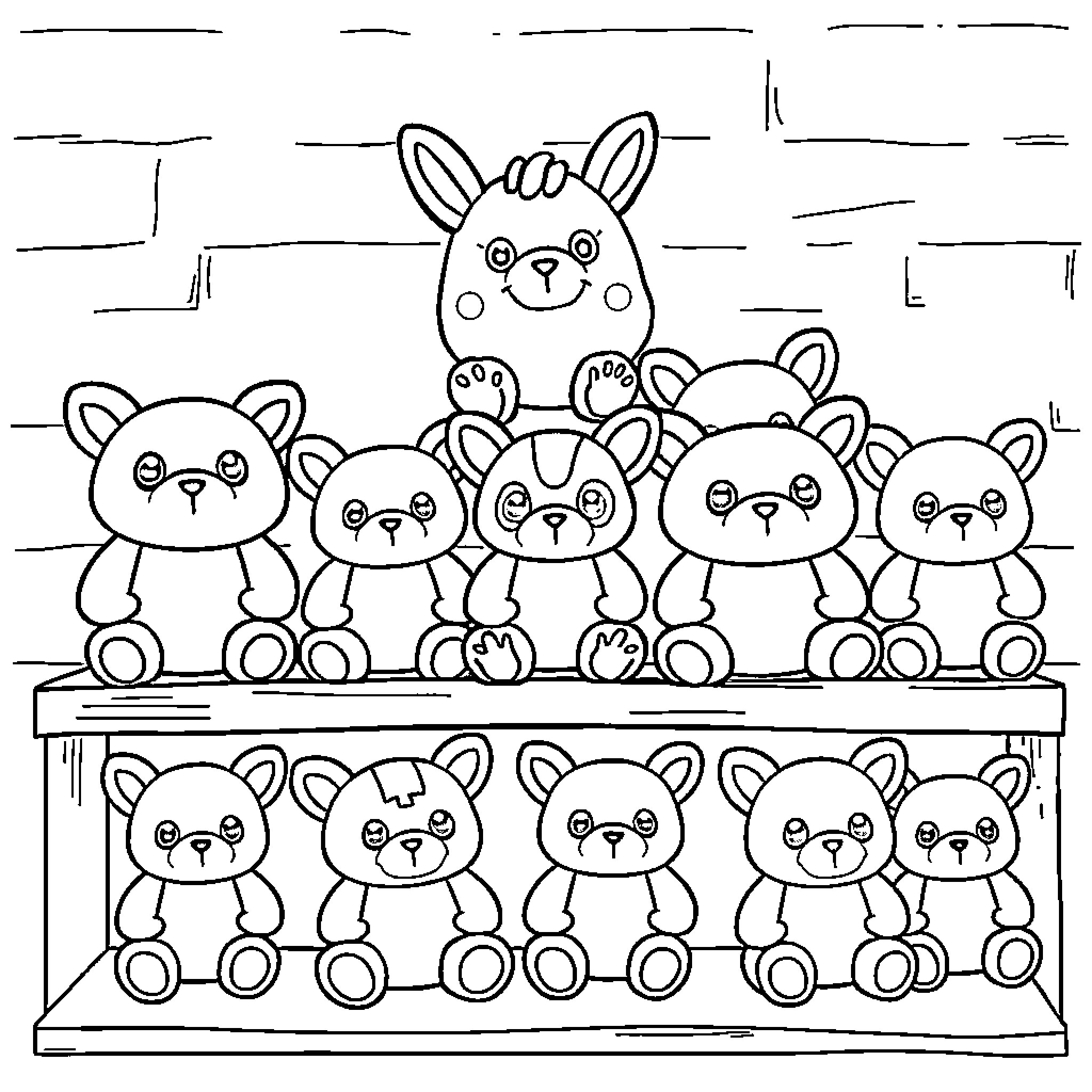 Tralaleritos: Cute Plush Toys Lined Up Coloring Page (free black-and-white line drawing printable PDF for all, from beginners to advanced learners, including children, teens, adults, and seniors)
