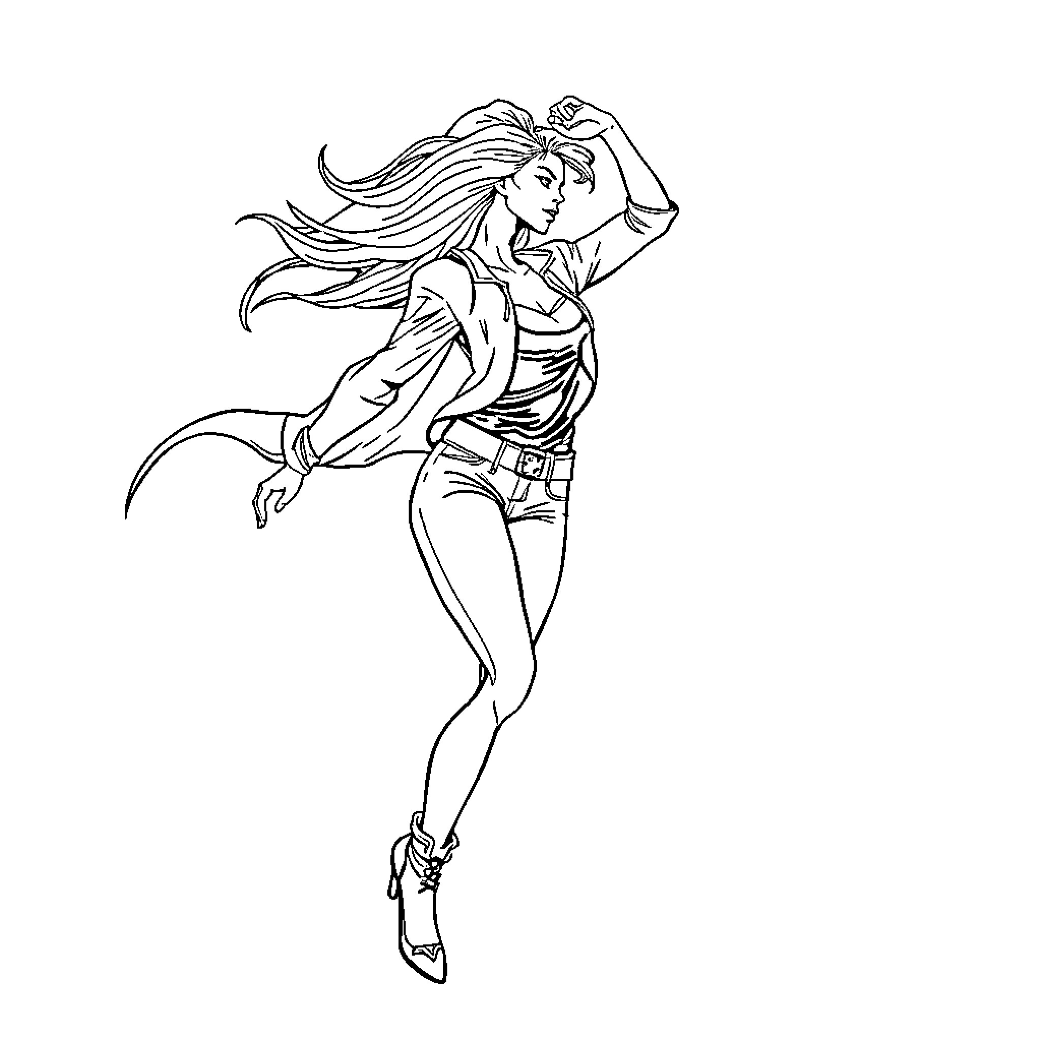 Rebel Warrior Woman's Fierce Pose Coloring Page (free black-and-white line drawing printable PDF for all, from beginners to advanced learners, including children, teens, adults, and seniors)